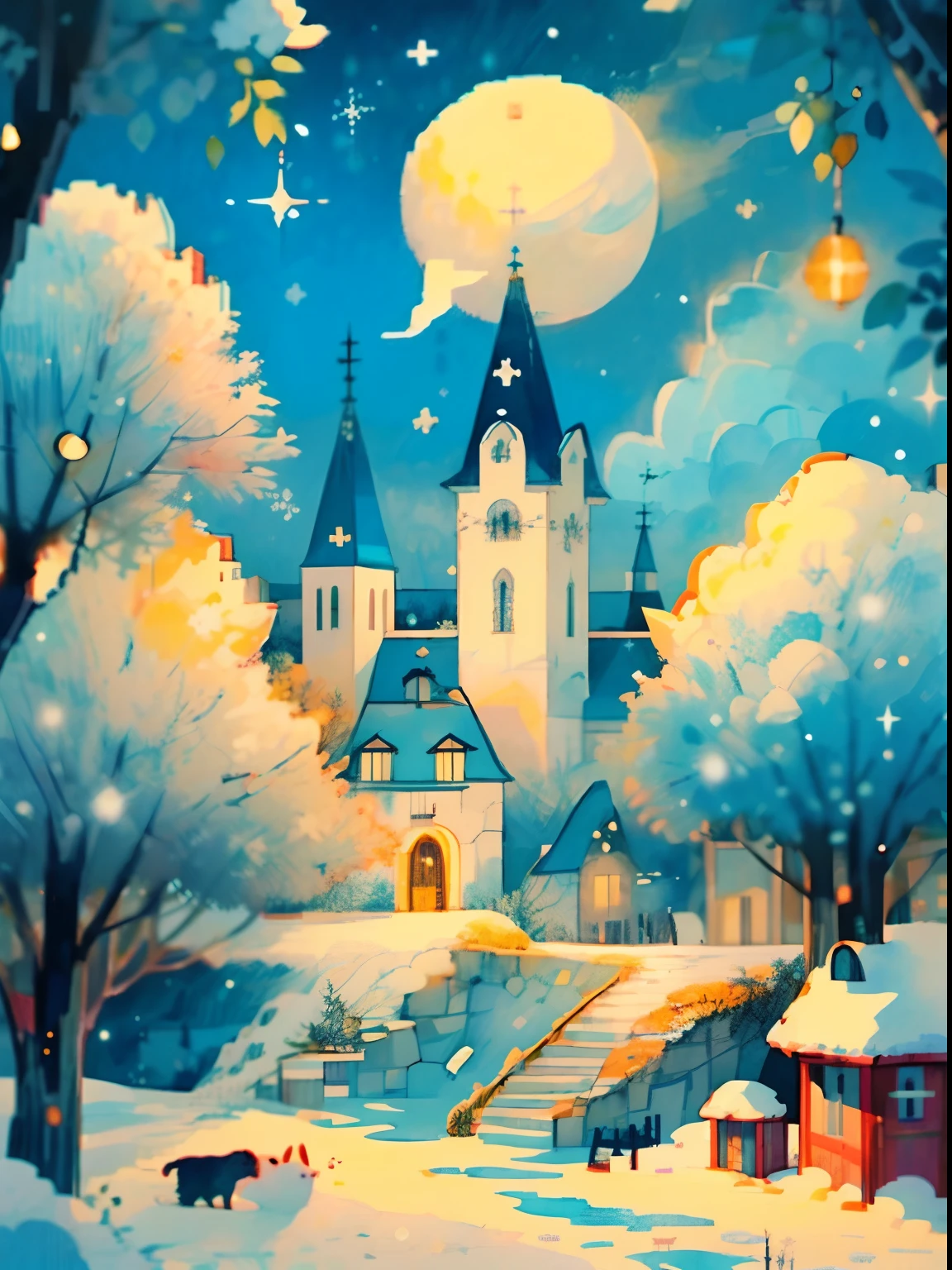 (((masterpiece))),best quality, whitetown, whitetown, moon, tree, snow, night, scenery, painting (medium), sky, outdoors, flower, pixel art, pixai