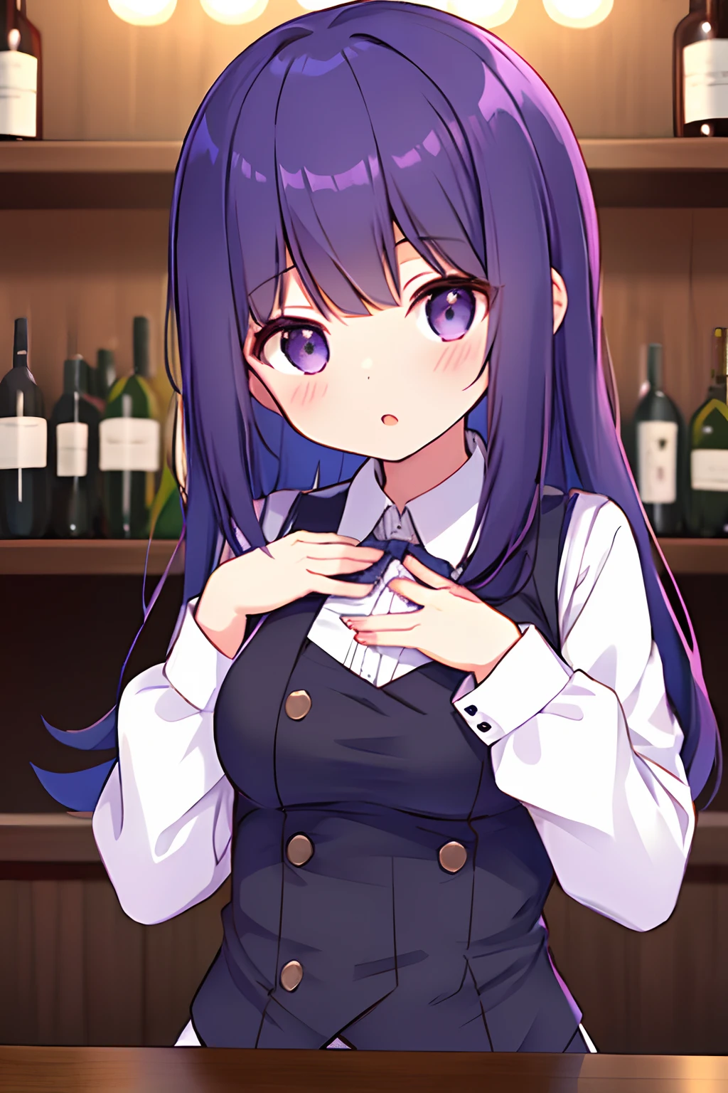 1girll, Solo, bangs, Blush, hand on her own chest, Jill Stingray, Long sleeves, view the viewer, Purple hair, Medium breasts, tiese, shirt, Solo, Upper body, vest,  Bartender, vest, White shirt,