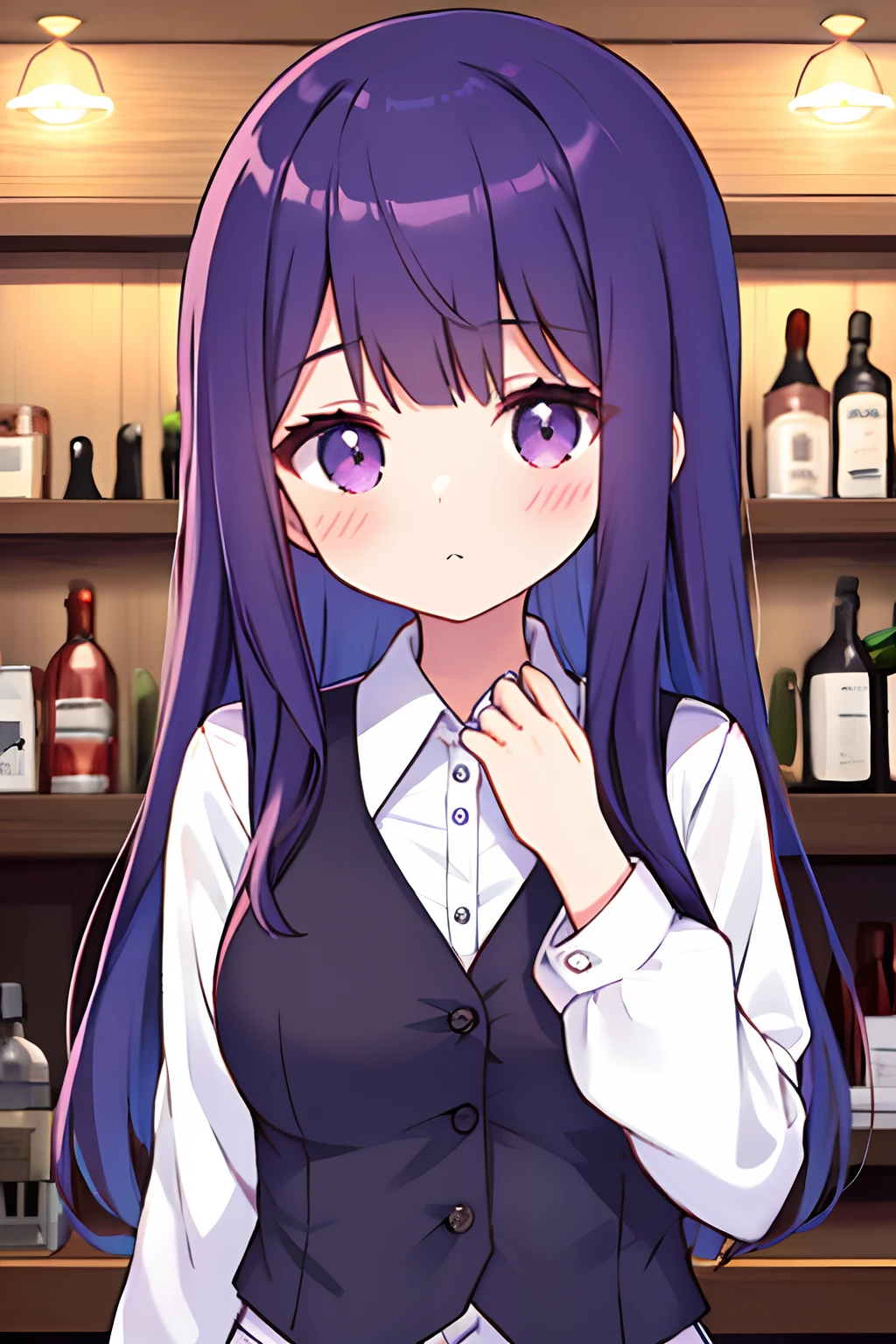 1girll, Solo, bangs, Blush, hand on her own chest, Jill Stingray, Long sleeves, view the viewer, Purple hair, Medium breasts, tiese, shirt, Solo, Upper body, vest, Bartender, vest, White shirt,