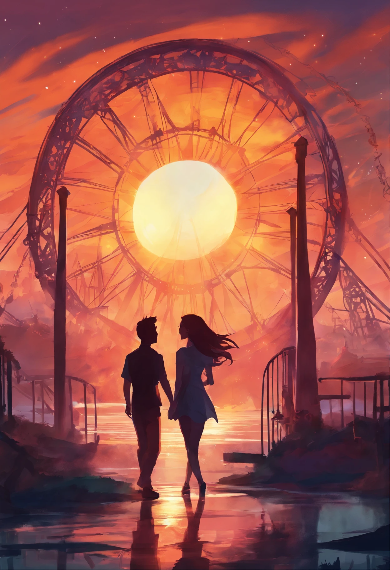 A man and his girlfriend in an abandoned amusement park, sun sunset, You only see silhouettes of the man and the woman