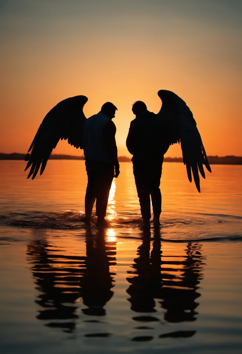 best quality,5 men facing away,water reflection,center man has angel wings reflection,realistic,low light,vibrant colors,water ripples,wet surface,backlit figures,detailed figures,silhouettes,lush environment,sunset colors,peaceful atmosphere,calm waters,serene mood