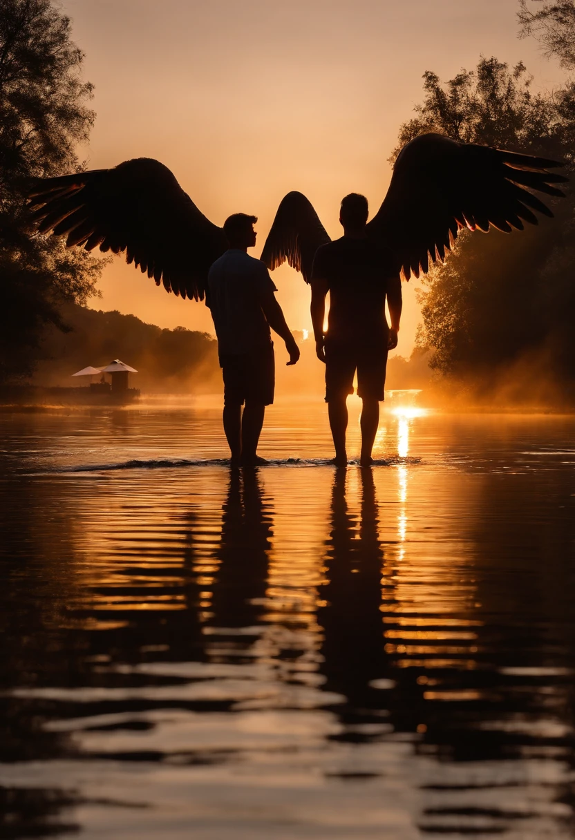 best quality,5 men facing away,water reflection,center man has angel wings reflection,realistic,low light,vibrant colors,water ripples,wet surface,backlit figures,detailed figures,silhouettes,lush environment,sunset colors,peaceful atmosphere,calm waters,serene mood