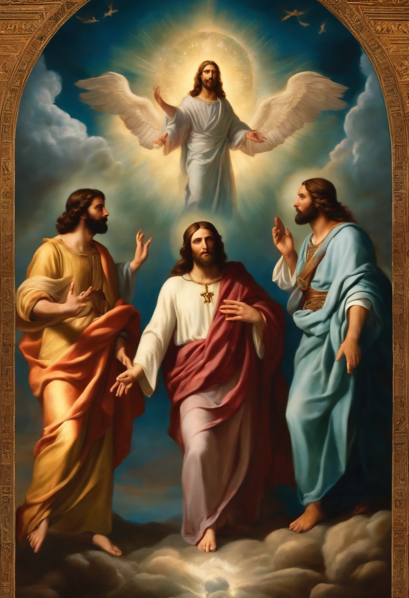 An image of Enoch, Elijah and Jesus side by side, with each of them on a celestial plane, symbolizing their transcendence of death. They can be in poses that represent their importance in the stories.