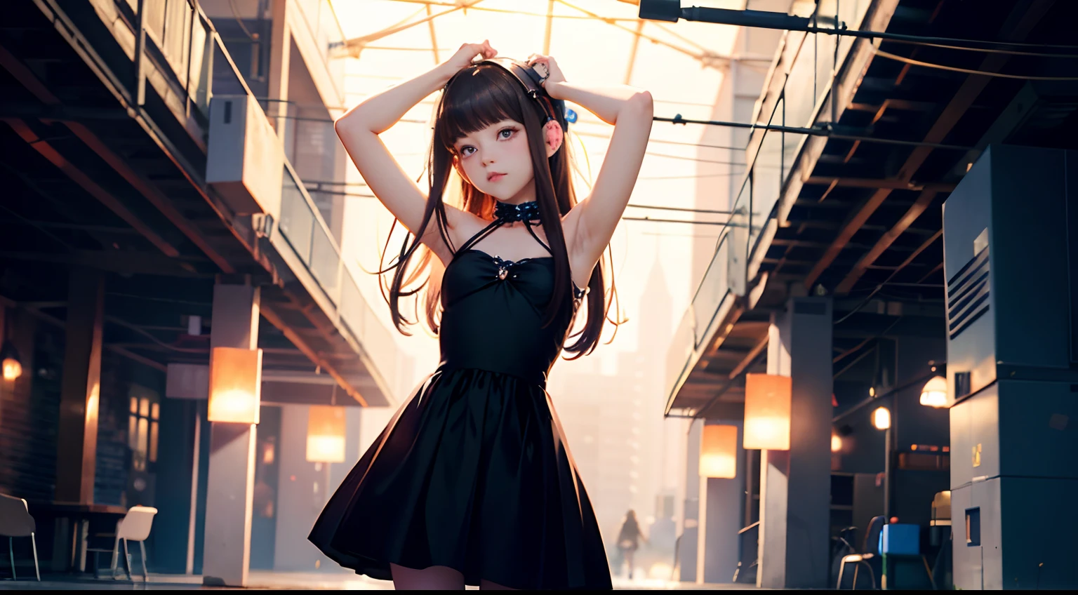 beautiful girl, 13 years old, tiny dress, dark tights, listening to music in headphones, lyrics around her head, hyperrealistic, best quality, high resolution, 8k, HDR