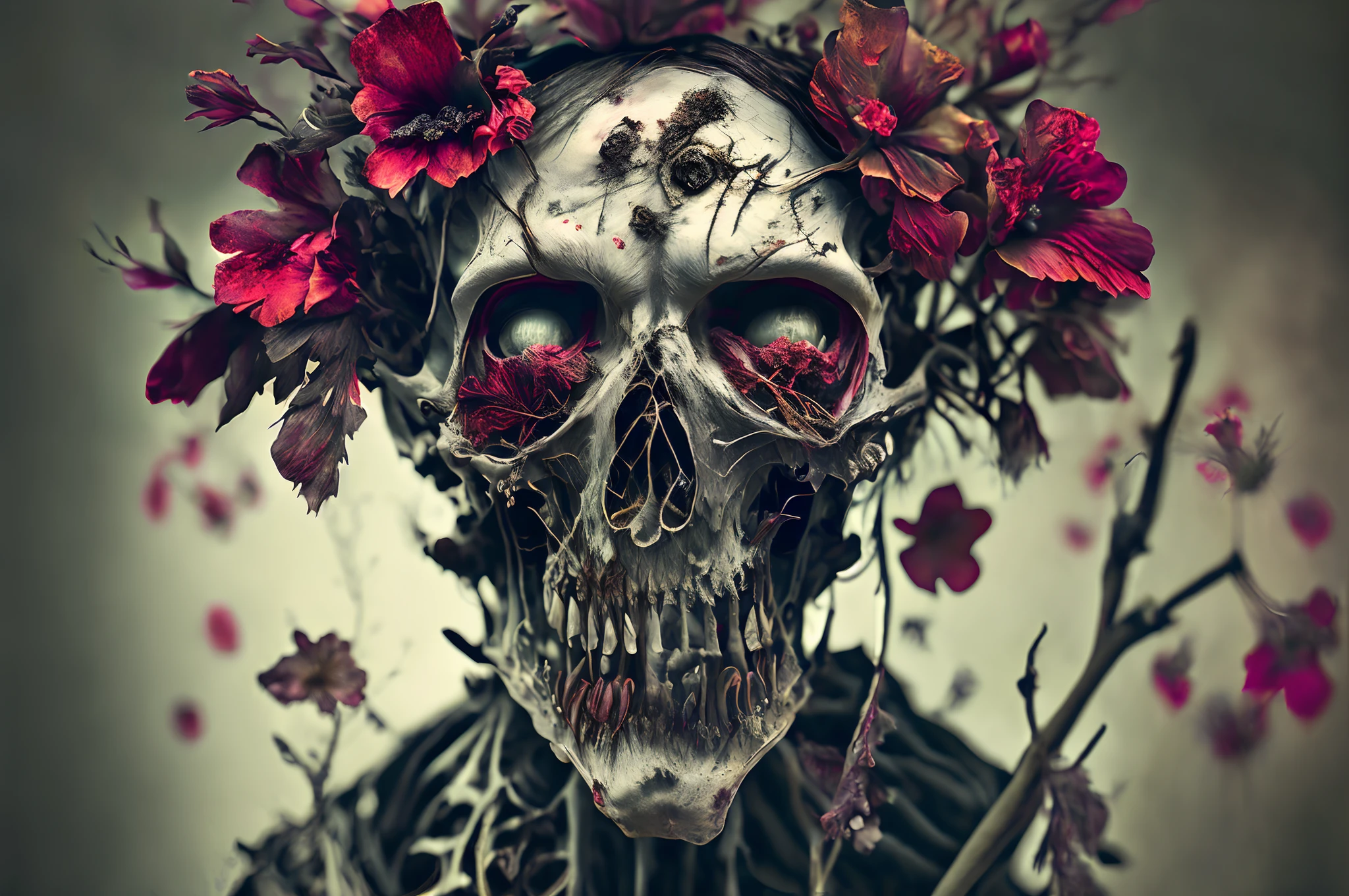 corpse, a close up of a person with a creepy face and a flower, DECAY , macabre art, horror fantasy art, stefan gesell, Jon Klassen, fantasy horror art, detailed 4k horror artwork, dark fantasy horror art , brazzen texture, ((bold and dark colors)), chaos, high contrast, elegant horror artwork