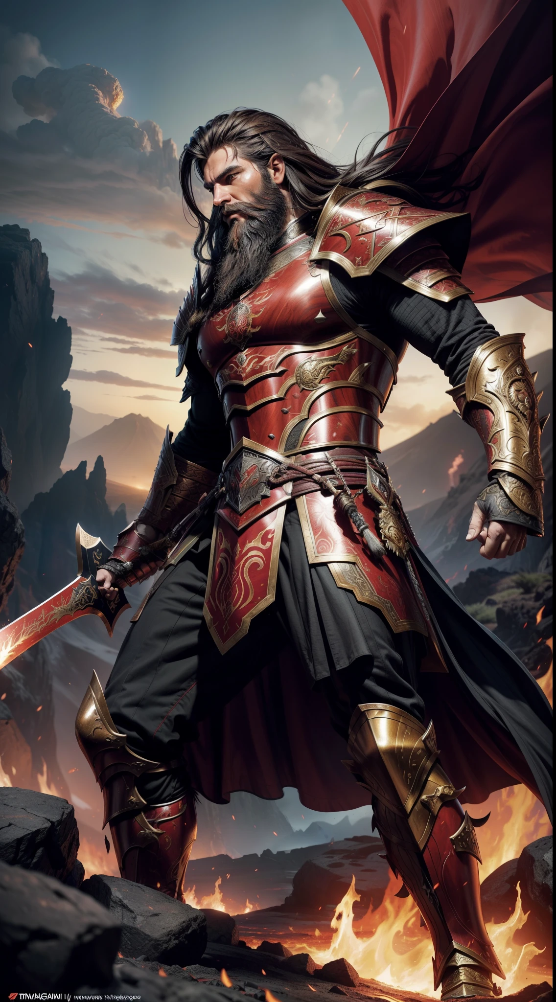 An artistic representation of a formidable warrior with flowing long hair and a commanding beard, dressed in an intricately designed suit of crimson-red armor that exudes power and authority. The warrior's long hair and beard billow in the fierce mountain winds, adding to his imposing presence. He grips his legendary red sword, a weapon of mythic proportions, with unwavering strength. The armor is adorned with ornate engravings and patterns, showcasing the artistry that went into its creation. The warrior stands amidst the harsh, volcanic landscape of lava mountains, with molten rivers of lava flowing nearby. The art style takes inspiration from the works of Boris Vallejo, blending elements of epic fantasy and realism. The camera angle is a dynamic high angle, capturing the warrior's dominance over the fiery terrain. The render style is a fusion of fantasy and hyper-realism, evoking a sense of epic grandeur and danger, (((masterpiece))), (high res),