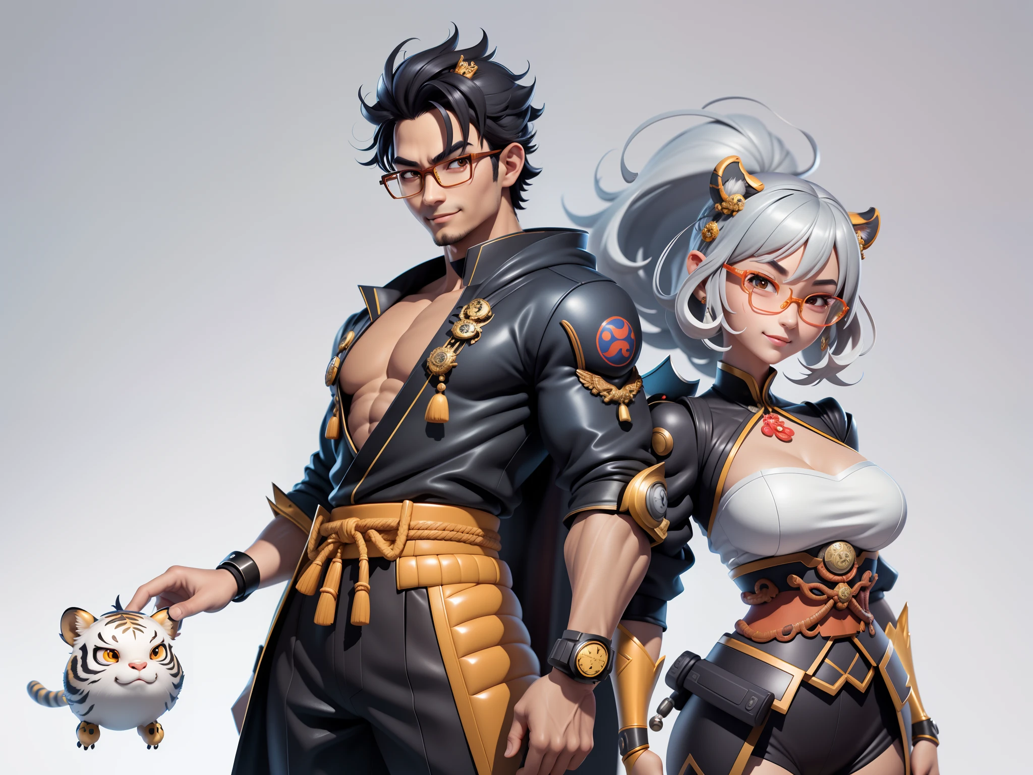 (Masterpiece), (Excellent), (Super Meticulous), (Full Body: 1.2), Super Young Man with Japanese Female Geisha, Pretty, Beautiful, Chinese Dragon, Tiger, Wind God Thor, Sexy, Bursting, Oriental Face, TV Anchor, Bust Portrait Illustration, Black Suit, Blue Tie, Slightly Chubby Face, Silver Glasses, Very Clean Face, No Beard on Chin, Black Super Short Hair, Black Eyes, Confident Smile, 3c Computer Sub-Products, iPad, iPhone, Digital Painting, 3D character design by Mark Clairedon and Pixar and Hayao Miyazaki and Akira Toriyama, the illustrations are HD illustrations in 4K resolution with highly detailed facial features and cartoon-style visuals.