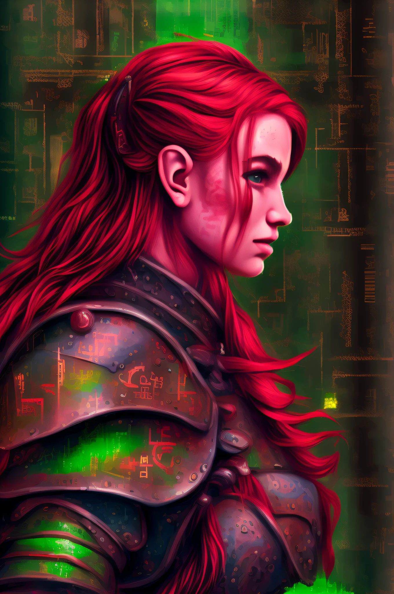 nqartst style pixel art picture of a scene from Baldurs Gate, a portrait of a female elf cleric, red hair, green eyes, extremelley beautiful, ultra feminine, wearing heavy armor, GlowingRunes_paleblue from armor, ultra best realistic pictures , best details, best quality, 16k, [ultra detailed], masterpiece, best quality, (extremely detailed), ultra wide shot, photorealism, depth of field, hyper realistic painting