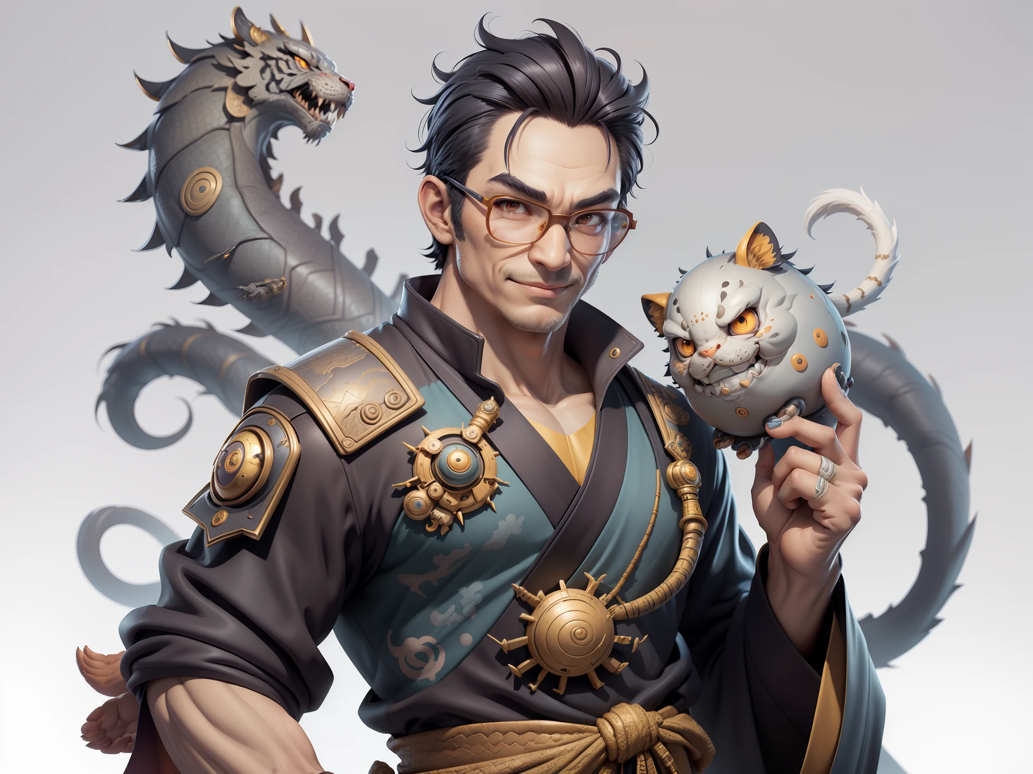 (Masterpiece), (Excellent), (Super Meticulous), (Full Body: 1.2), Super Young Man, Oriental Face, Japanese Samurai, Japanese Samurai Armour, Tiger, TV Anchor, Bust Portrait Illustration, Alone, Black Suit, Blue Tie, Silver Glasses, Slightly Chubby Face, Very Clean Face, No Beard, Black Super Short Hair, Black Eyes, Confident Smile, 3c Computer Sub-Products, iPad, iPhone, Digital Painting, 3D Character Design by Mark Claireden and Pixar and Hayao Miyazaki, The illustration is a high-definition illustration in 4K resolution with very detailed facial features and cartoon-style visuals.