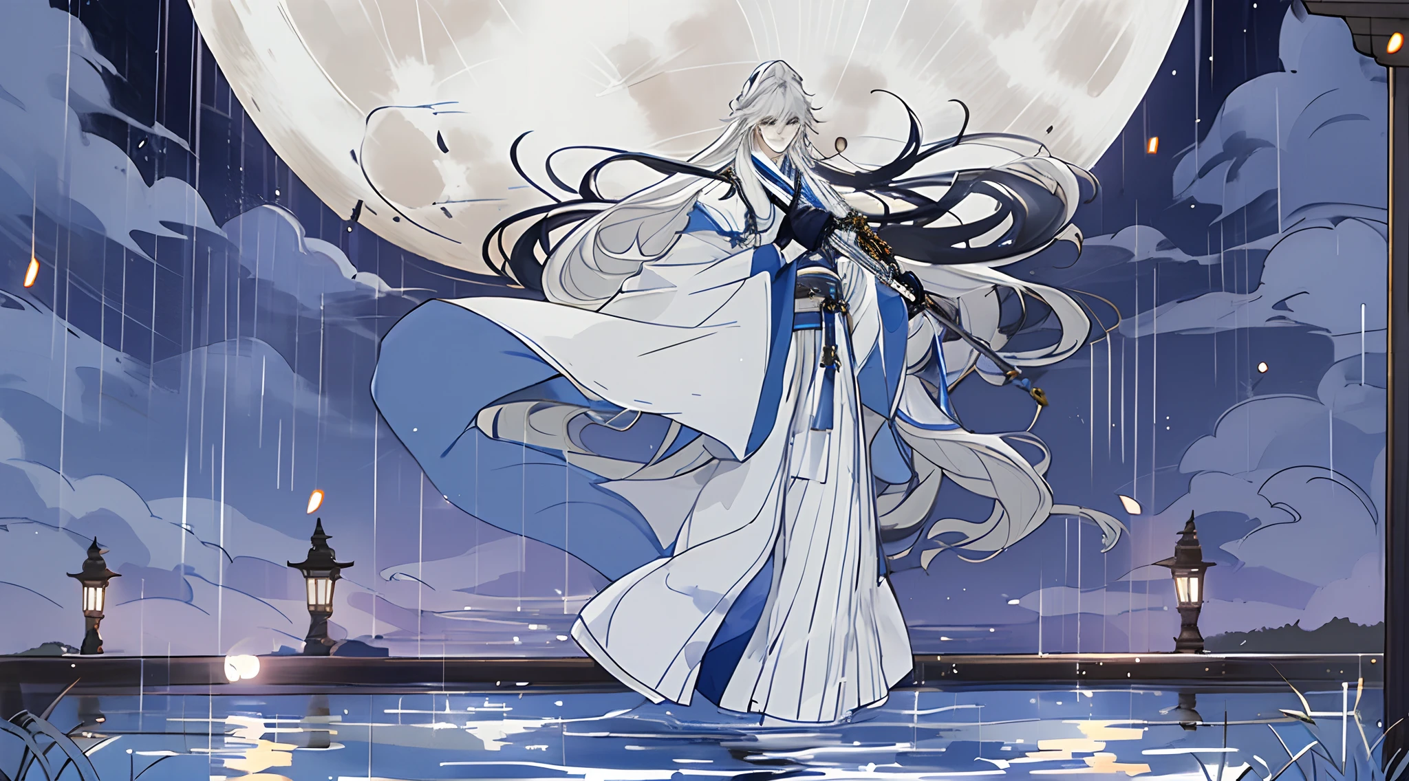 The male,Male,White Hanfu,long white hair,Long flowing hair,Wide robe with large sleeves,Ancient wind,Solid color clothes,The clothes do not have any patterns,laughingly,softlighting,water ink,Behind it is the full moon,low-saturation,low-contrast,led floodlights