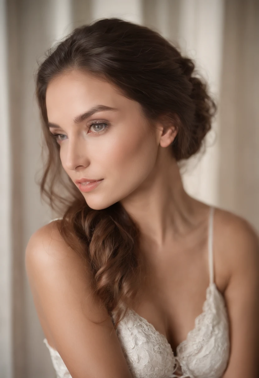 mulher sexy, 20 anos, esguio, atletic, pele bronzeada brilhante, Seios enormes, cintura fina, cabelos loiros cacheados, lingerie branca, Realistic, fotografia, real, natural