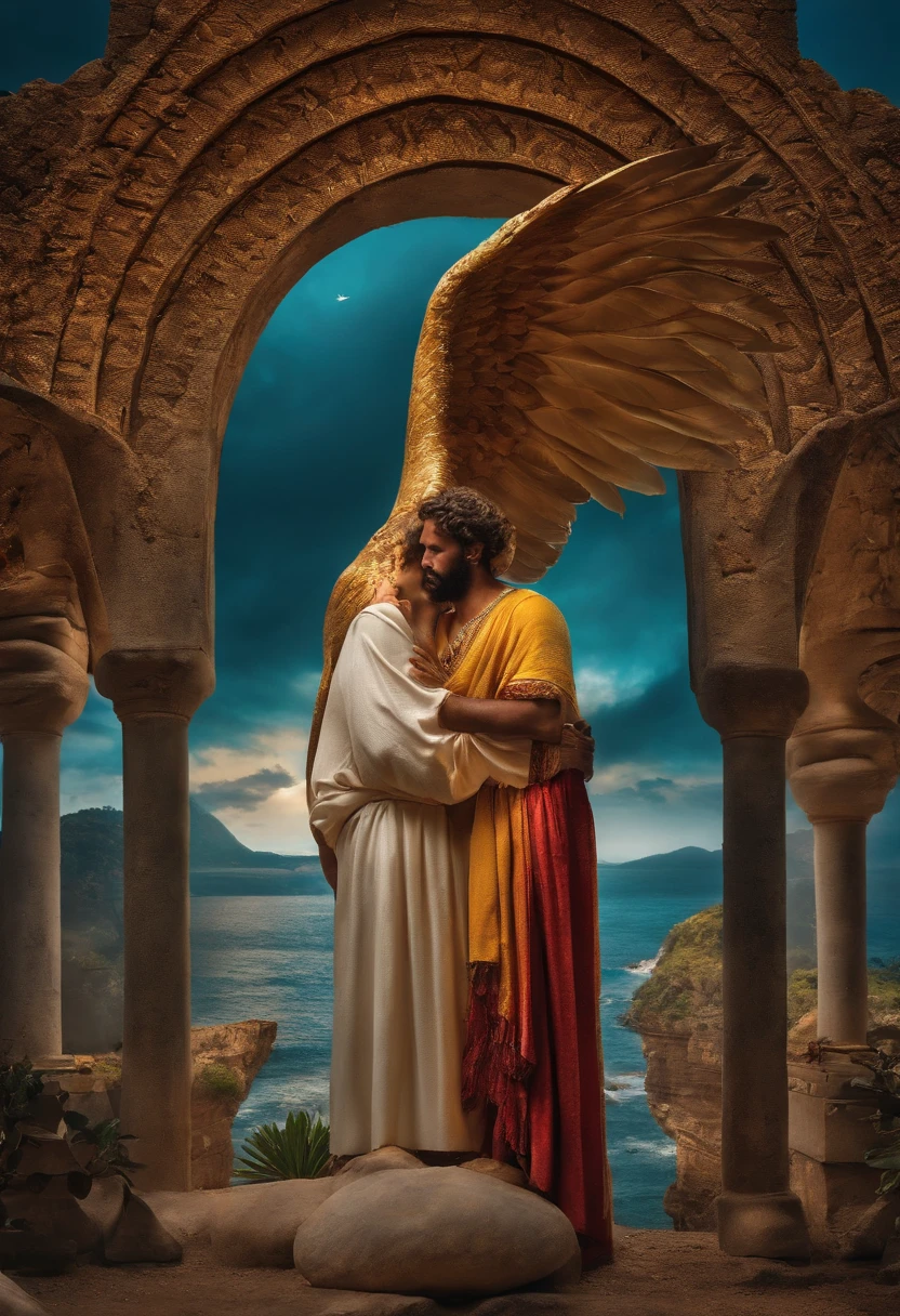 cinco homens o do meio tem asas de anjo, o segundo tem chifres, o terceiro tem uma espingarda, o quarto tem um sobretudo e o quinto uma espada