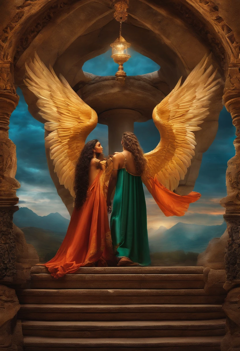 cinco homens o do meio tem asas de anjo, o segundo tem chifres, o terceiro tem uma espingarda, o quarto tem um sobretudo e o quinto uma espada