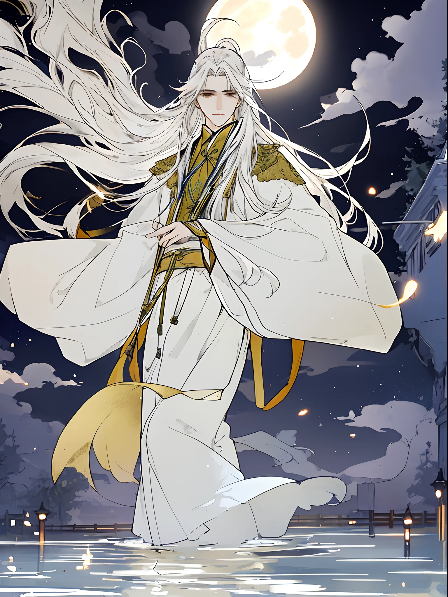 The male,Male,White Hanfu,long white hair,Long flowing hair,Wide robe with large sleeves,Ancient wind,Solid color clothes,The clothes do not have any patterns,laughingly,softlighting,water ink,Behind it is the full moon,low-saturation,low-contrast,led floodlights