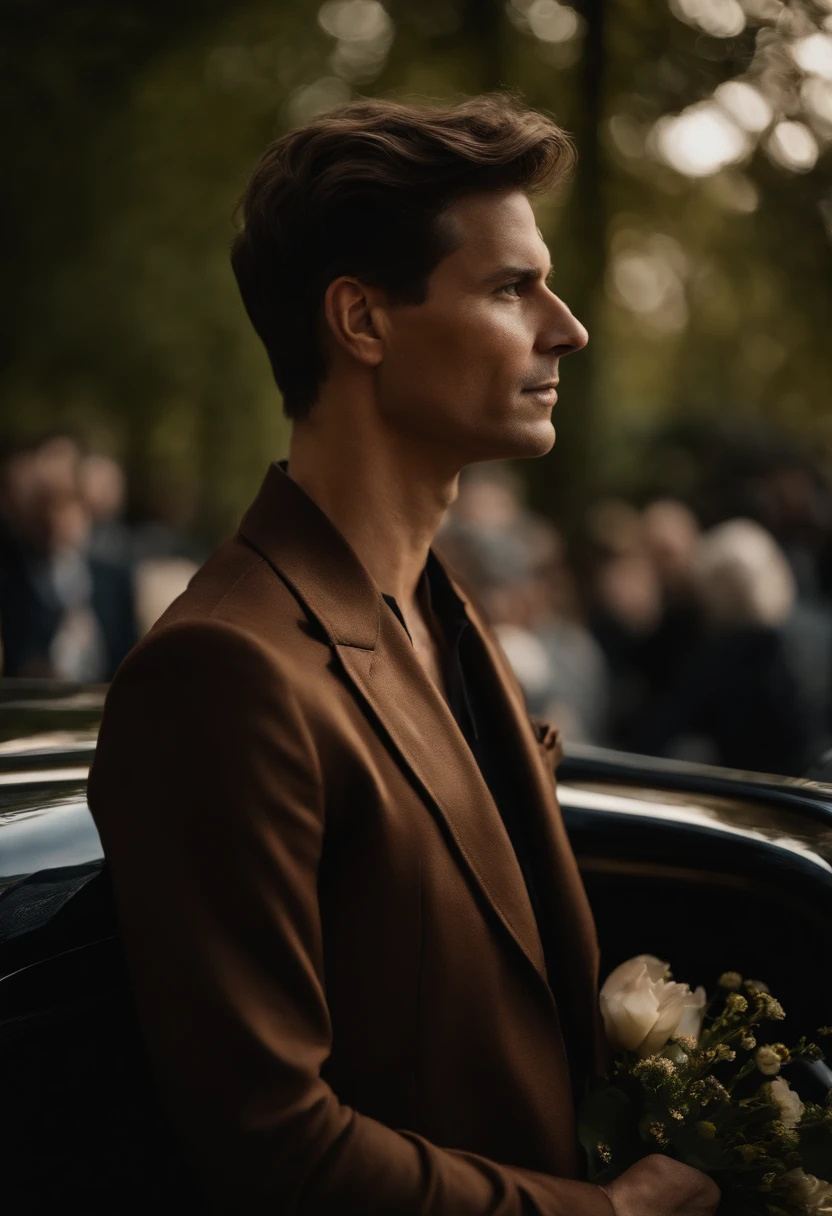 corps entier, wide-angle photo close-up portrait of the body of a handsome man , Grand et en forme, (40 ans:1.1), (shaven:1.2) , (very short brown hair:1.5),(very short hair:1.6). Dark brown tight velvet suit, (La veste a des motifs de fleurs noires:1.2). (posing outside the mansion with a luxury car:1.1), crowded street with cafes in the distance, Cold and dark sunset at dusk, (Edge Light:1.1),(Concentrez-vous sur les yeux), (angry look), (hard light on the skin:1.2), (ombres dures, dark themed, Contraste profond:1.1), (photographie de portrait par Annie Liebovitz), Dark mint theme and choral aesthetics, (skin imperfections)