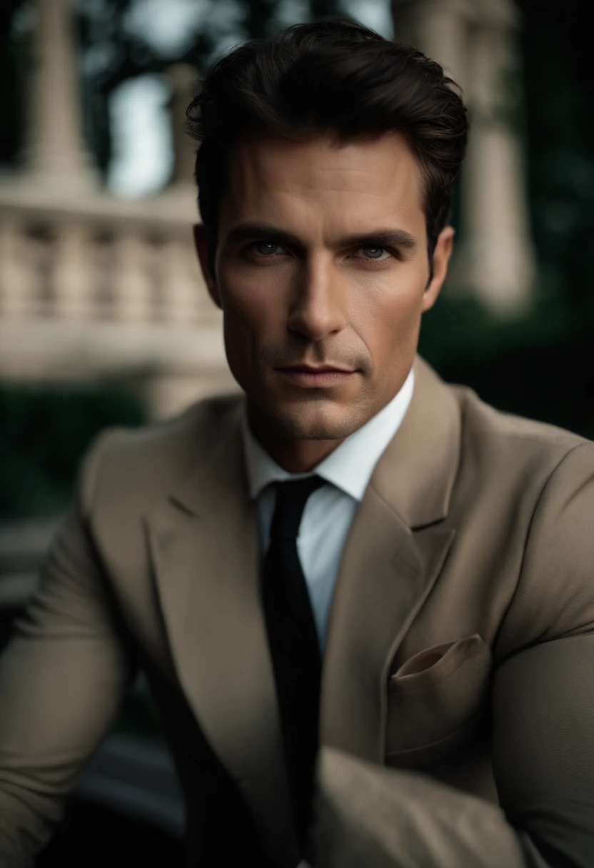 corps entier, wide-angle photo close-up portrait of the body of a handsome man , Grand et en forme, (40 ans:1.1), (shaven:1.2) , (very short brown hair:1.5),(very short hair:1.6). Dark brown tight velvet suit, (La veste a des motifs de fleurs noires:1.2). (posing outside the mansion with a luxury car:1.1), crowded street with cafes in the distance, Cold and dark sunset at dusk, (Edge Light:1.1),(Concentrez-vous sur les yeux), (angry look), (hard light on the skin:1.2), (ombres dures, dark themed, Contraste profond:1.1), (photographie de portrait par Annie Liebovitz), Dark mint theme and choral aesthetics, (skin imperfections)