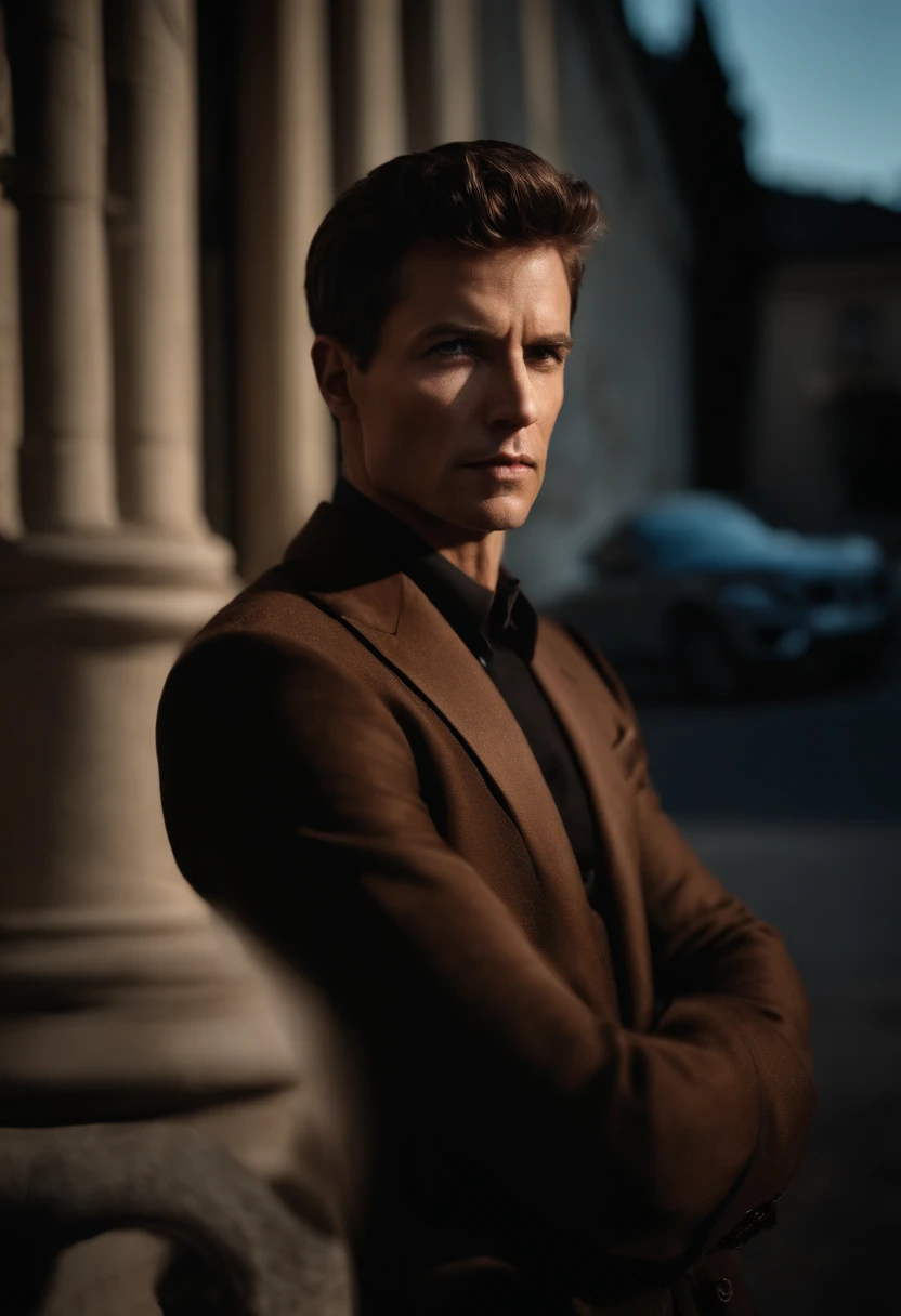 corps entier, wide-angle photo close-up portrait of the body of a handsome man , Grand et en forme, (40 ans:1.1), (shaven:1.2) , (very short brown hair:1.5),(very short hair:1.6). Dark brown tight velvet suit, (La veste a des motifs de fleurs noires:1.2). (posing outside the mansion with a luxury car:1.1), crowded street with cafes in the distance, Cold and dark sunset at dusk, (Edge Light:1.1),(Concentrez-vous sur les yeux), (angry look), (hard light on the skin:1.2), (ombres dures, dark themed, Contraste profond:1.1), (photographie de portrait par Annie Liebovitz), Dark mint theme and choral aesthetics, (skin imperfections)