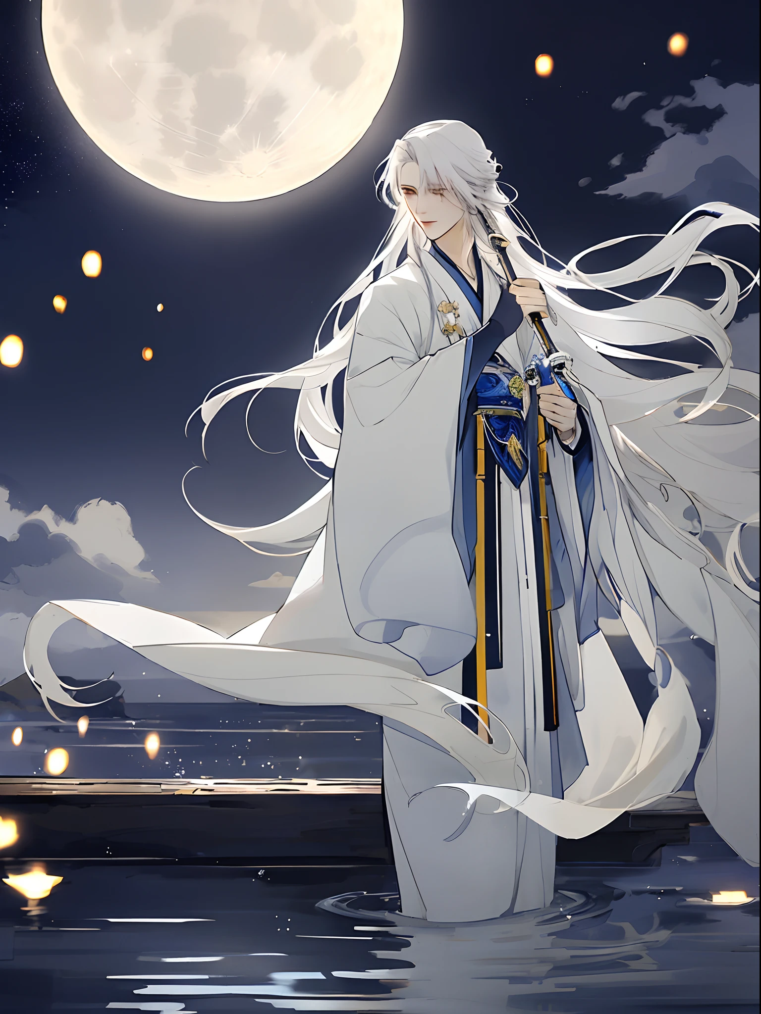 The male,Male,White Hanfu,long white hair,Long flowing hair,Wide robe with large sleeves,Ancient wind,Solid color clothes,The clothes do not have any patterns,laughingly,softlighting,water ink,Behind it is the full moon,low-saturation,low-contrast,led floodlights