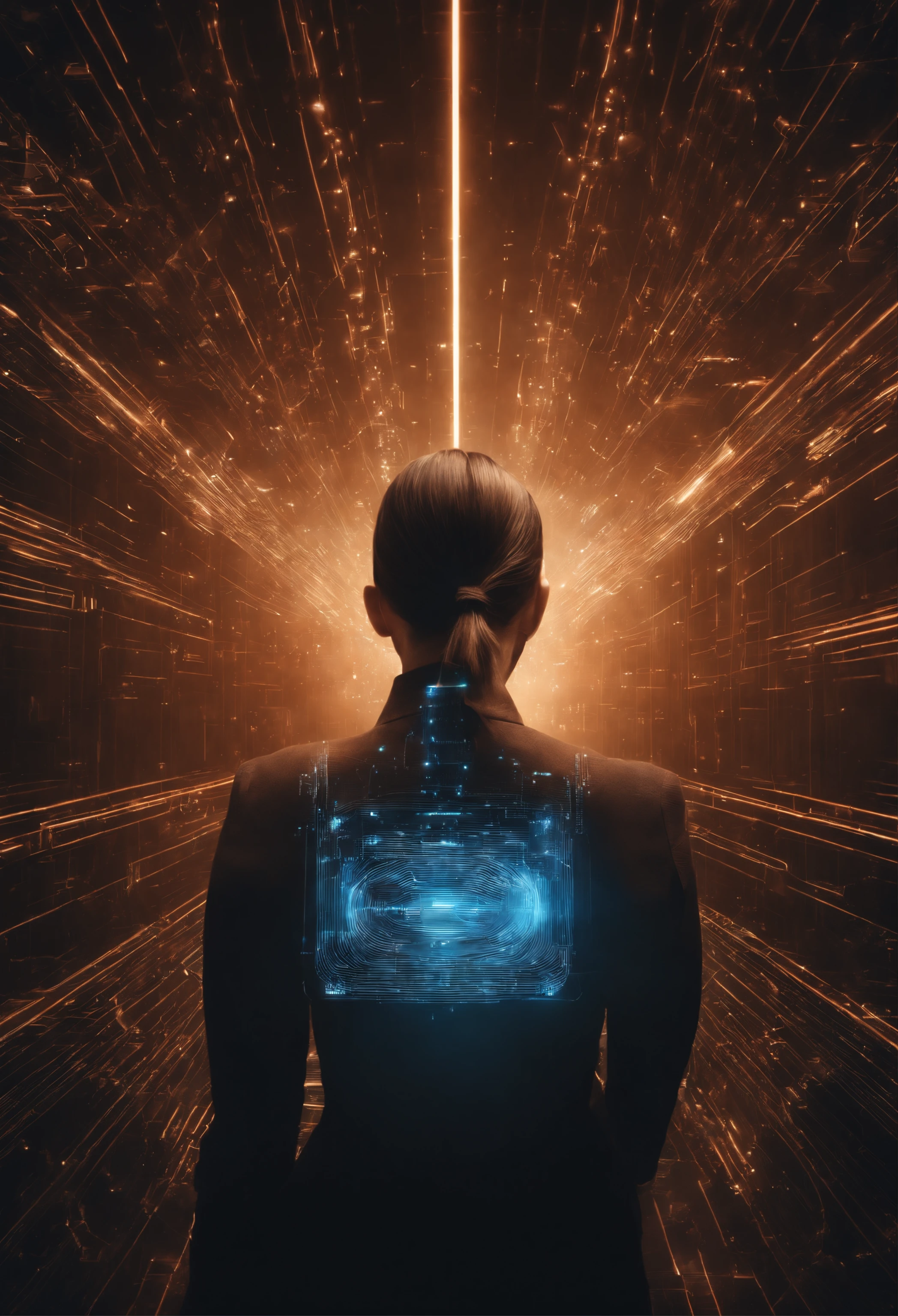 An image of a futuristic digital backdrop, with strands of code flowing in the background. In the center of the image, it features a visual representation of a highly sophisticated AI, with detailed circuitry and pulsating light effects. Surrounding her are illustrations of Facebook social media posts being automatically created and circulated. Smooth transition effects connect AI with ad creation. The image conveys a sense of advanced technology and efficiency.