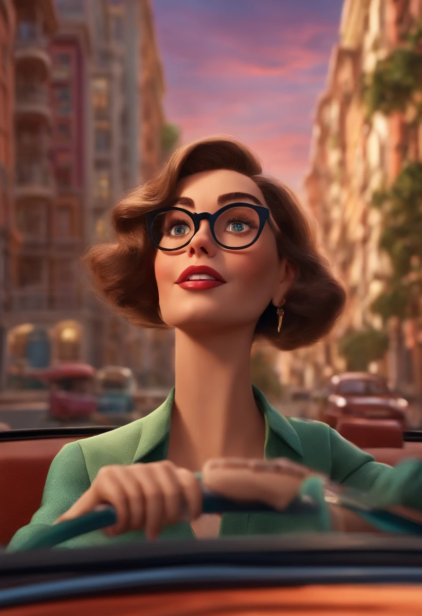 Make a woman with glasses,
Elá is driving a car on a street where it is full of condominiums,
Tipo de desenho Disney,
Ela esta interessada em ser sindica destes condominios,
Pixar, 3D, Disney