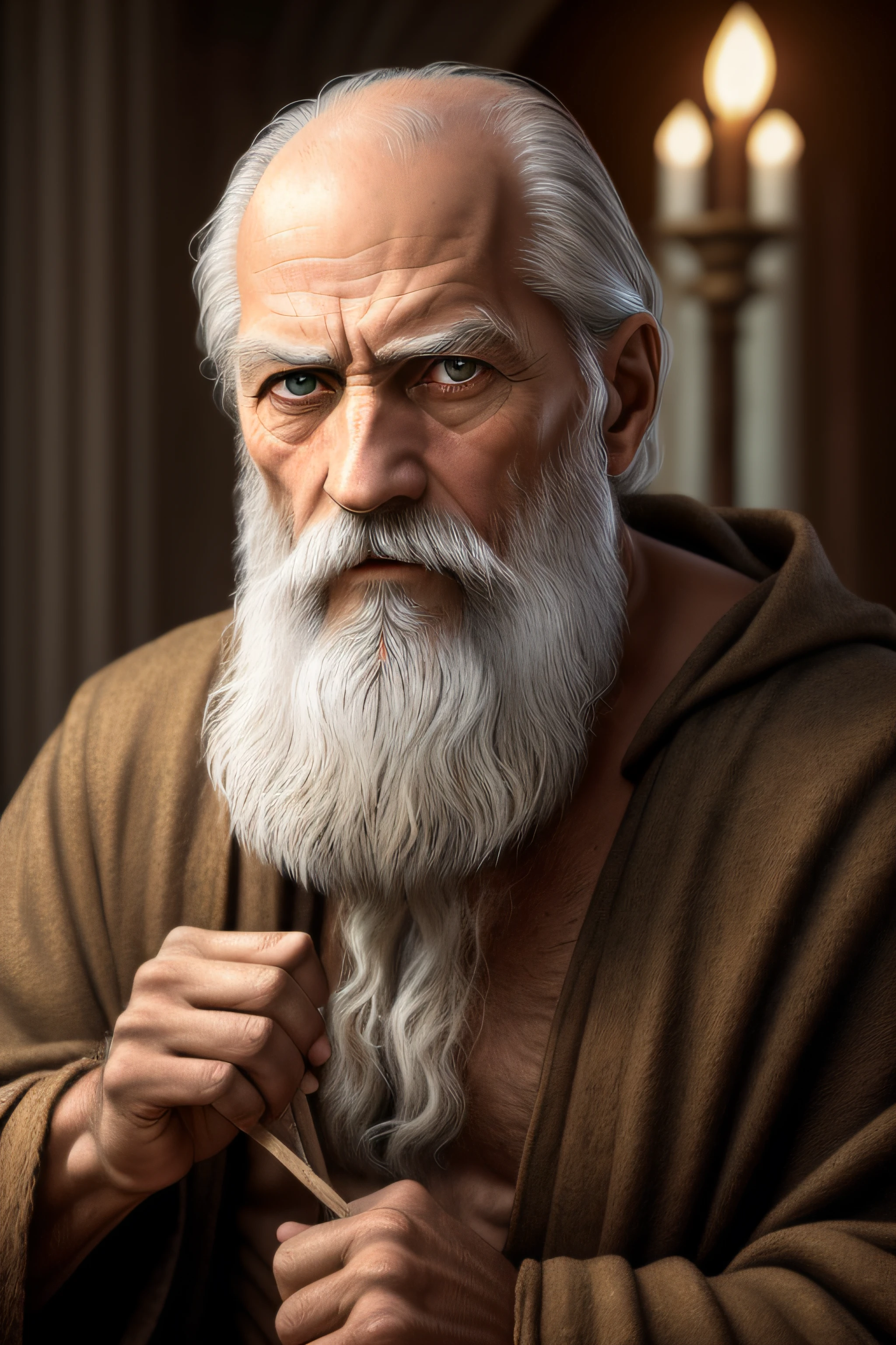 diogenes in the style of Photo real, hyper-realistic, high dynamic range, rich colors, lifelike textures, 8K UHD, high color depth, Nikon D 850, Kodak Portra 400, Fujifilm XT, portrait of ultra realistic, ultra detailed portrait, detailed realistic painting, painting of diogenes , realistic detailed painting, a photorealistic painting, portrait of diogenes , ultra realistic illustration, portrait of a diogenes , extremely detailed portrait, highly detailed portrait, detailed realistic colors, incredibly detailed oil painting, 8k, masterpiece, RAW photo, best quality, photorealistic, extremely detailed CG Unity 8k wallpaper, Depth of field, Cinematic Light, Lens Flare, Ray tracing, (extremely wise face, contemplative expression, piercing gaze), intricate detail face, ((ultra detailed skin)) 1 man, in the dark, deep shadow, Diogenes of Sinope, ancient philosopher, (very slim, slender, ascetic build: 1.3), ((looking at viewer)), (thoughtful expression: 1.3), (midnight, dark night, (candlelight), (blurred ancient cityscape), dim light), (without people in the background: 1.3), philosopher's robe, walking, front shot, (pale skin), (intense eyes), face forward, (full body shot), (disheveled brown hairs), (looking at viewer: 1.3), very slim, (tattered philosopher's cloak), ((simple attire)), (barefoot), ((turning back, back shot)), ancient city streets, upper shot