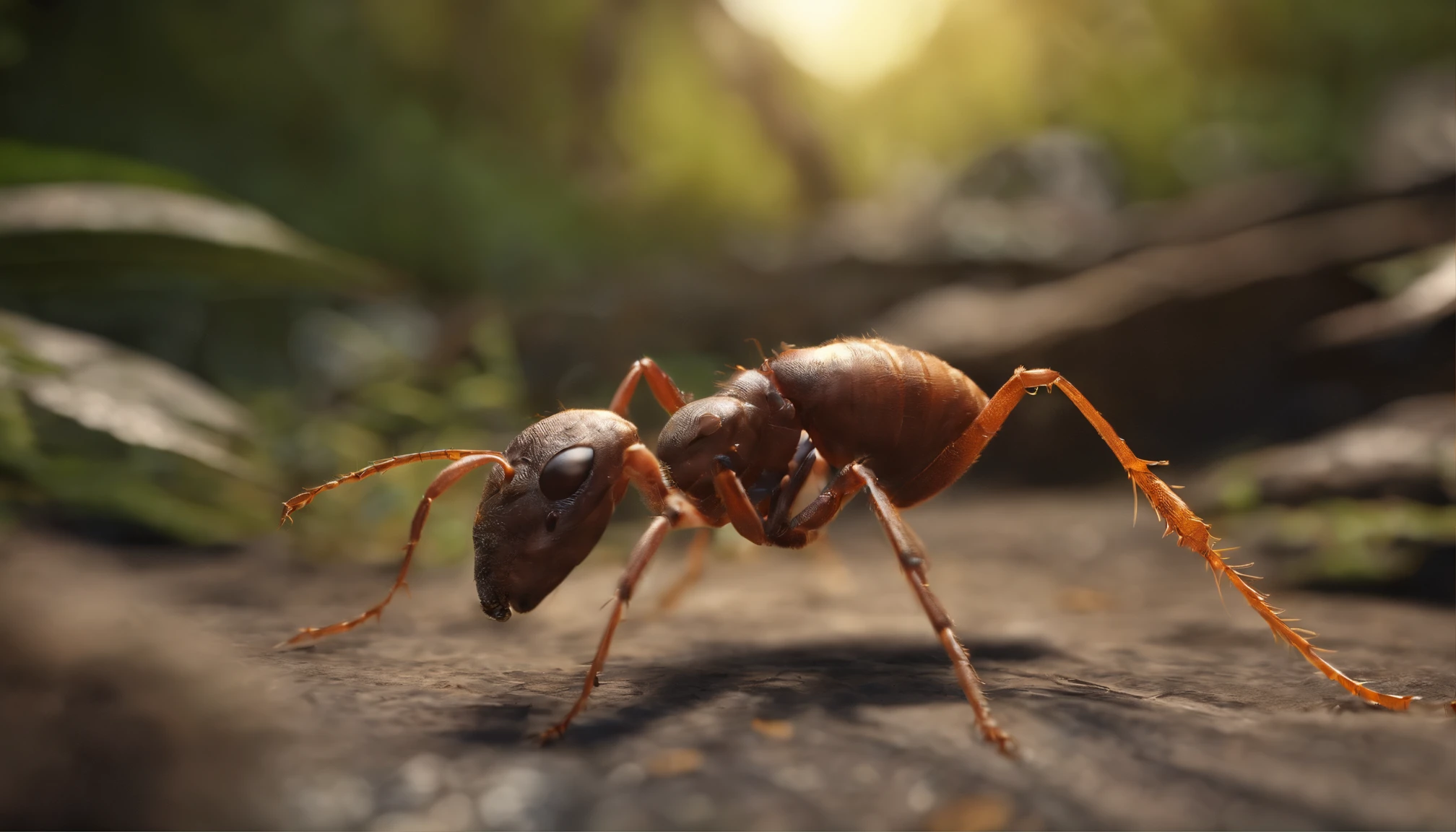Generate a super realistic 3D image in 8K in 16:9 format with a brown ant positioned in the center, with its back to the screen, holding a tree trunk. In the background, add a large orange sun with a blur effect, pulling towards yellow. Make sure all details, textures and shadows are highly realistic.