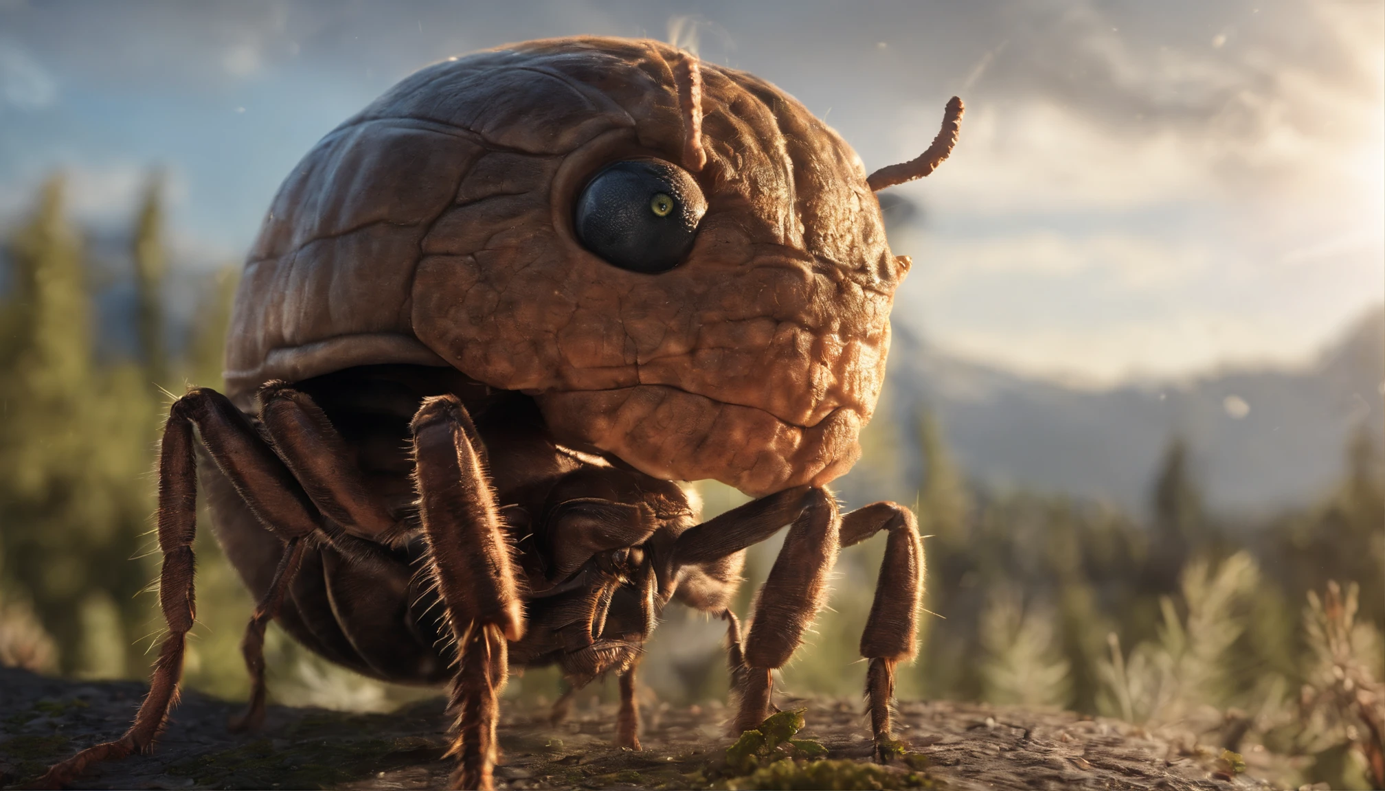 Generate a super realistic 3D image in 8K in 16:9 format with a brown ant positioned in the center, with its back to the screen, holding a tree trunk. In the background, add a large orange sun with a blur effect, pulling towards yellow. Make sure all details, textures and shadows are highly realistic.