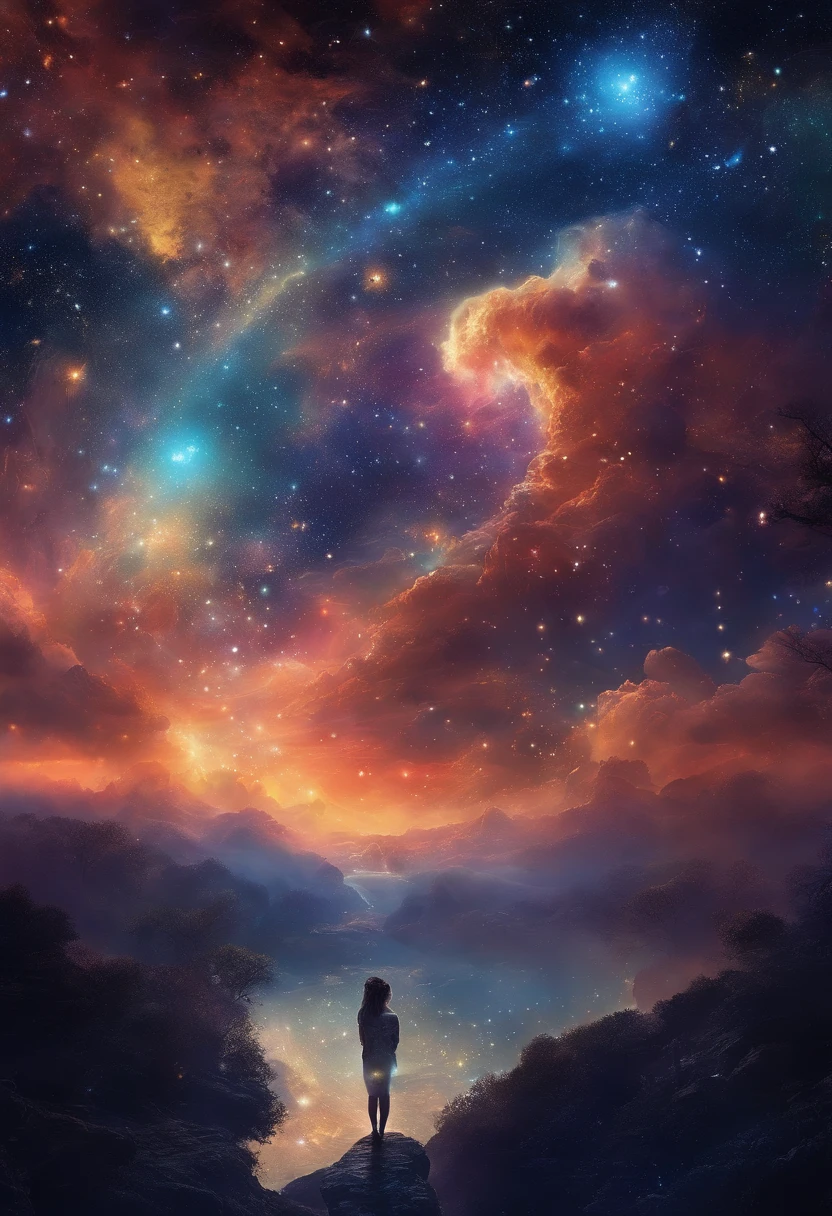 El cielo nocturno debe estar lleno de constelaciones brillantes, generando un ambiente oscuro y misterioso, cielo lleno de estrellas luminosas.