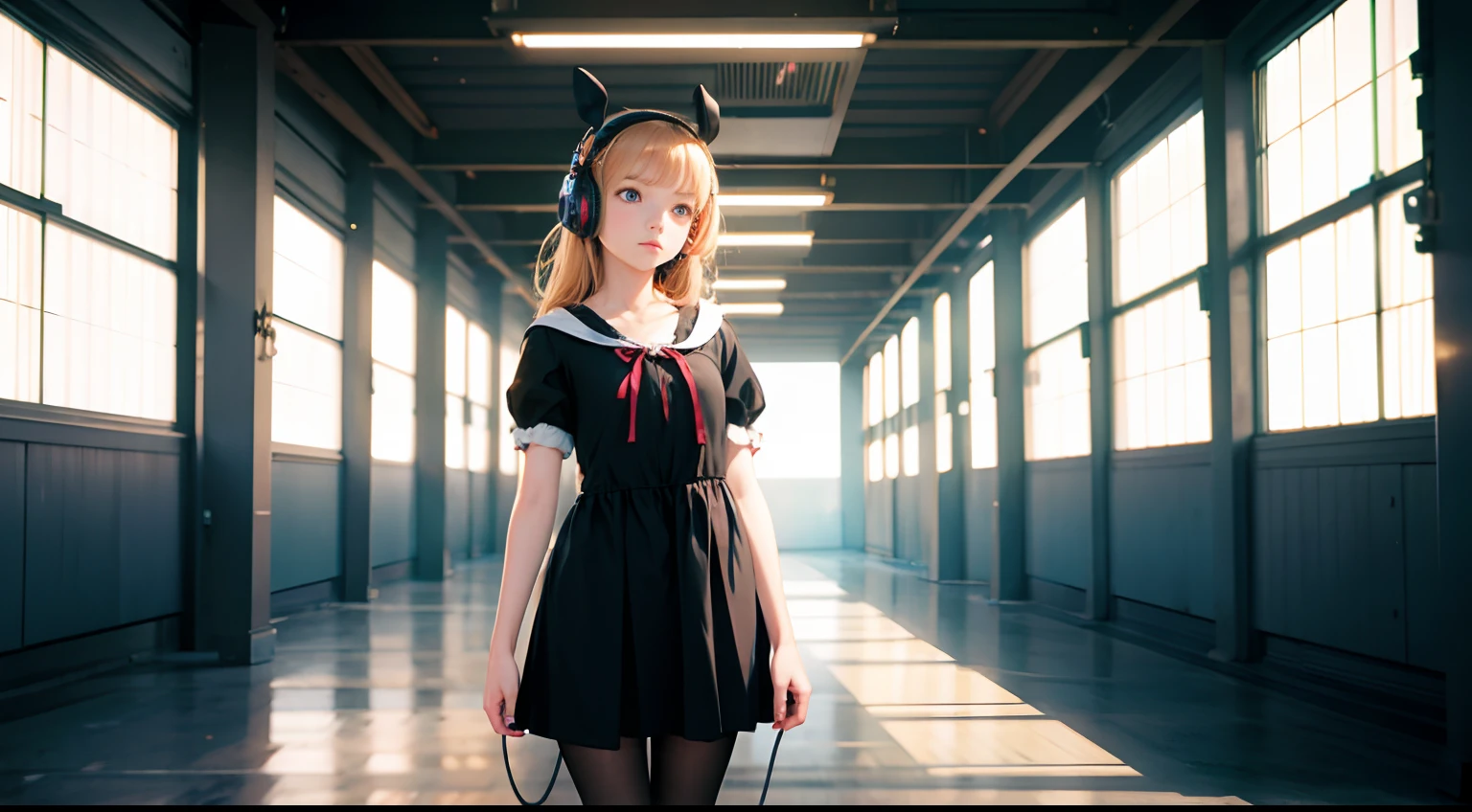 beautiful girl, 13 years old, tiny dress, dark tights, listening to music in headphones, lyrics around her head, hyperrealistic, best quality, high resolution, 8k, HDR