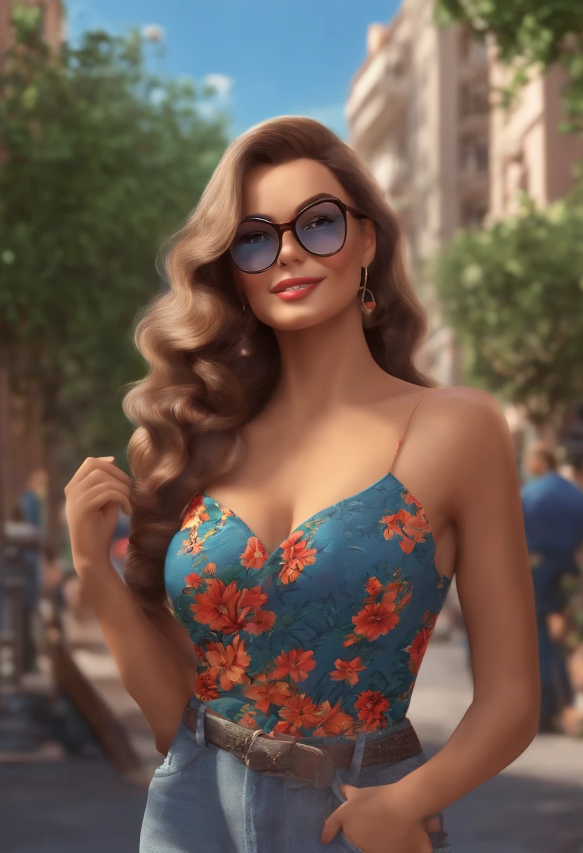 Make a woman with glasses,
Elá is walking down a street where it's full of condos, desenhe pelo menos 10 condominios,
Tipo de desenho Disney,
Ela esta interessada em ser sindica destes condominios,
Pixar, 3D, Disney