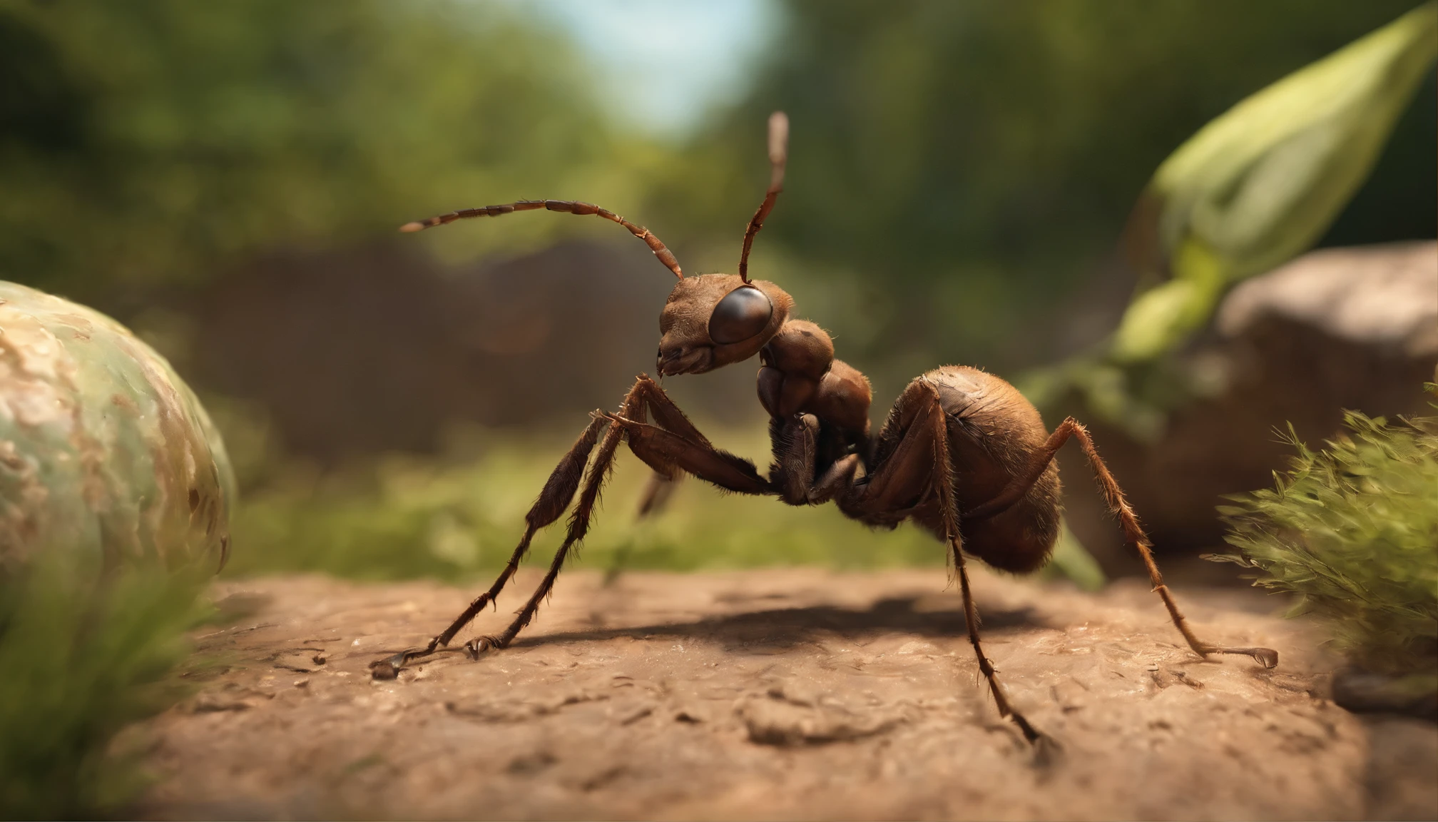 Generate a super realistic 3D image in 8K in 16:9 format with a brown ant positioned in the center, with its back to the screen, holding a tree trunk. In the background, add a large orange sun with a blur effect, pulling towards yellow. Make sure all details, textures and shadows are highly realistic.