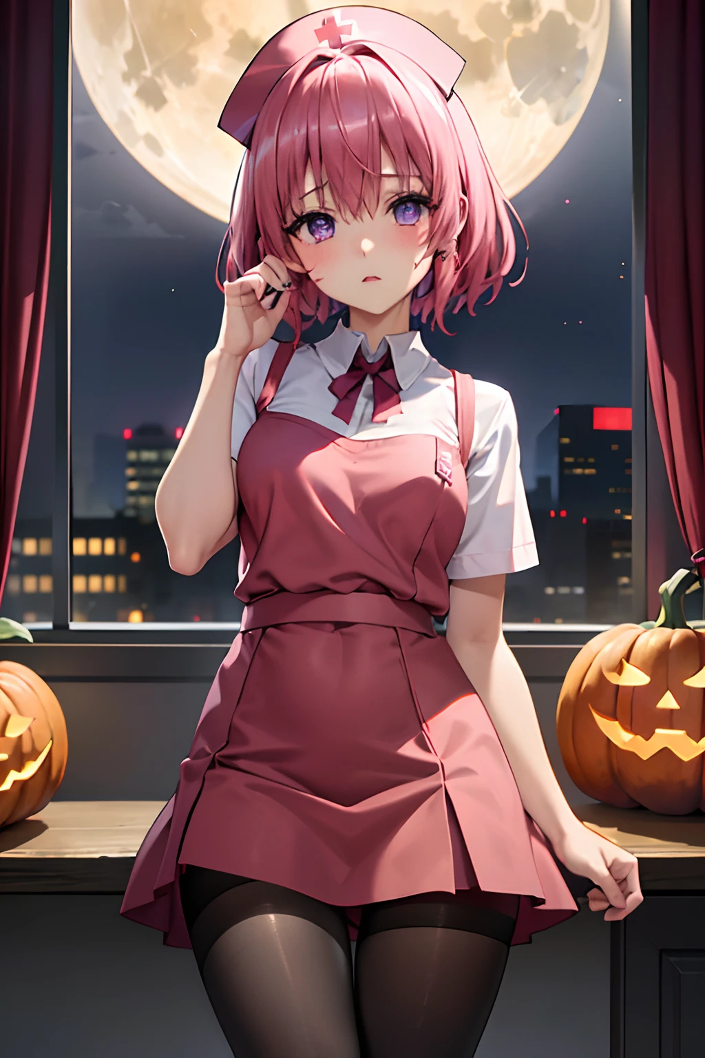 (top-quality:1.1), (​masterpiece:1.4), (absurderes:1.0), portlate, a closeup,
1girl in、Momovelia Deviluk、hair adornments、bob cuts、Shorthair pink hair、a purple eye、Medium chest、((nurse's outfit))、looking at the viewers、Bedroom、(red blush:1.2)、embarassed expression、(((Black pantyhose)))、black backgrounds、((Bloody nurse clothes))、((Opening legs))、Nurse Shoes、Pumpkin Lantern、fullmoon、(a miniskirt)