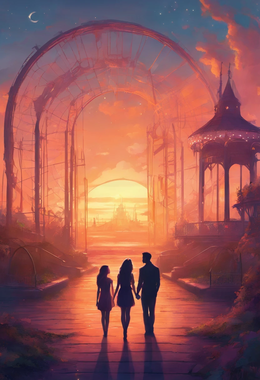 A man and his girlfriend in an abandoned amusement park, sun sunset, You only see silhouettes of the man and the woman