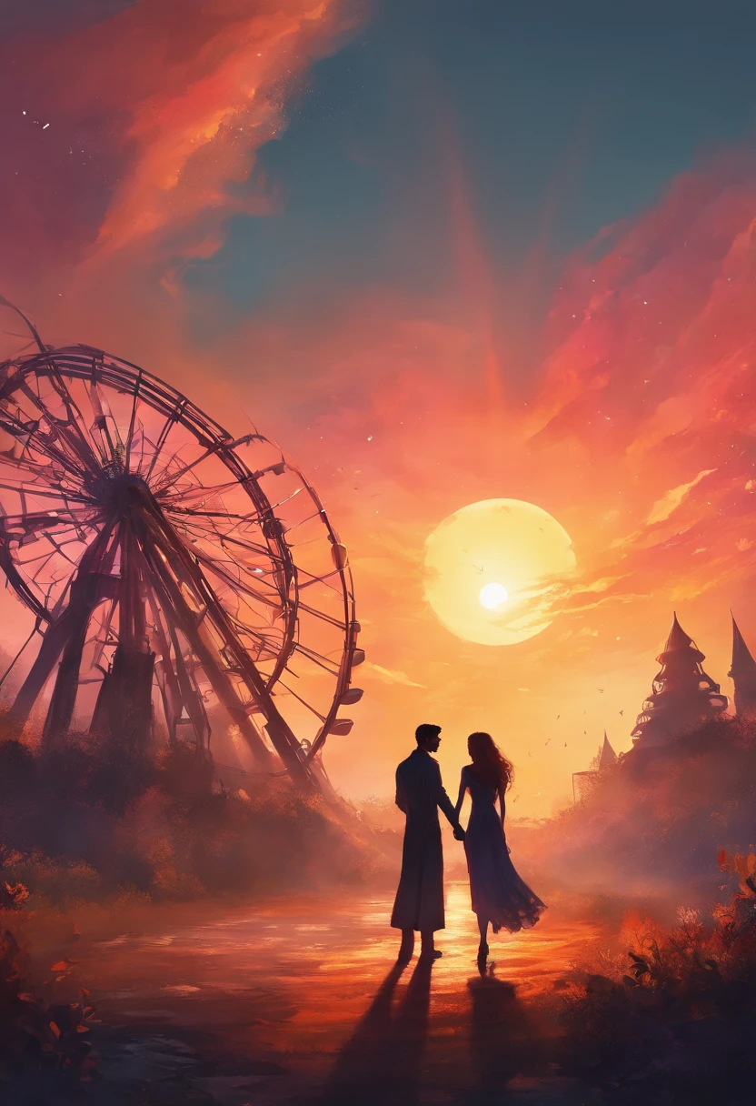 A man and his girlfriend in an abandoned amusement park, sun sunset, You only see silhouettes of the man and the woman
