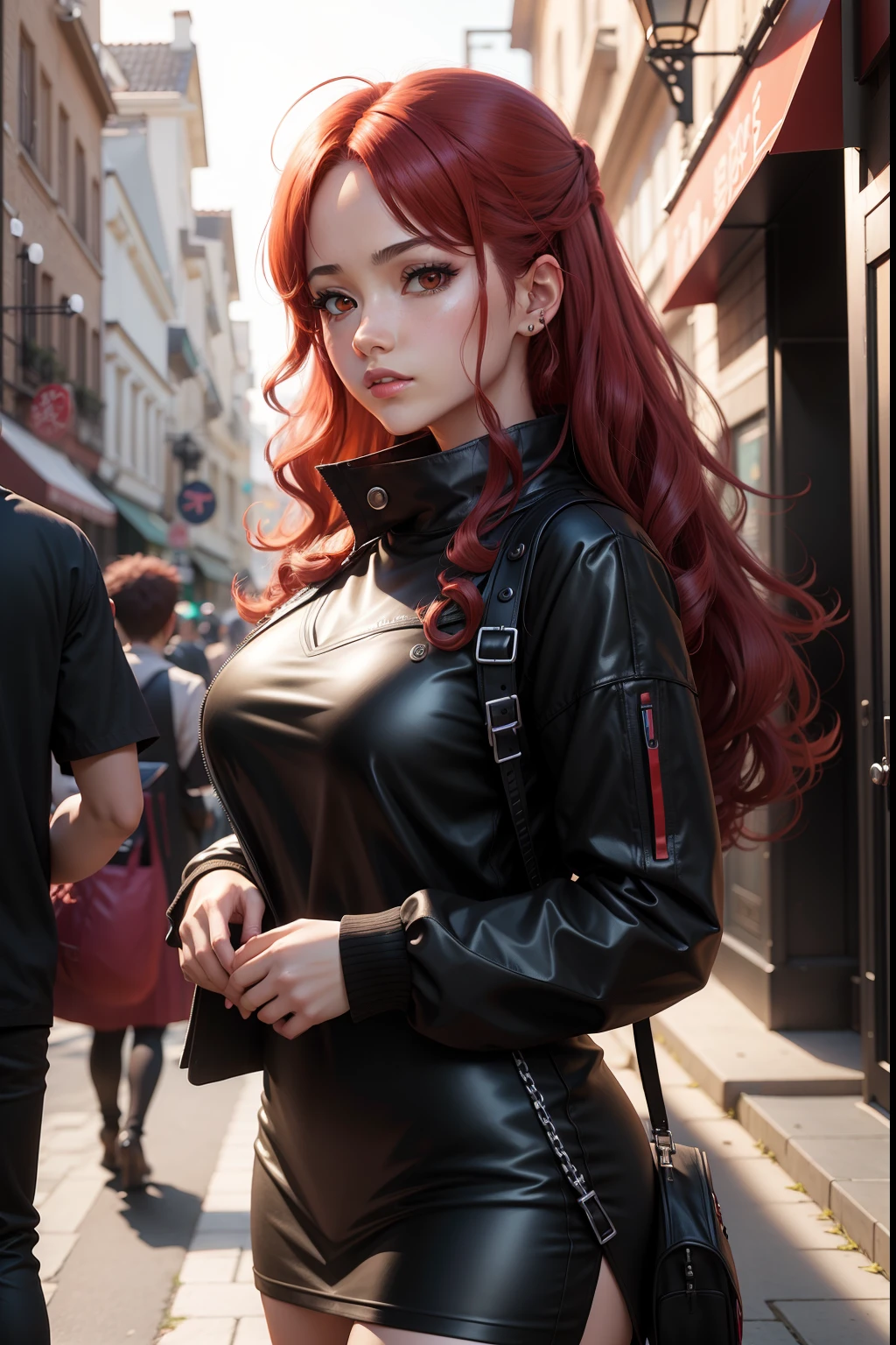 There is a woman with curly red hair and black clothes, photorealistic anime girl rendering, Estilo anime 3D realista, anime fotorrealista, menina anime sedutora, anime hiper realista, 3 d anime realista, Arte no estilo de Guweiz, Trend in CGTacing:, arte de anime realista, anime realista, estilo realismo anime