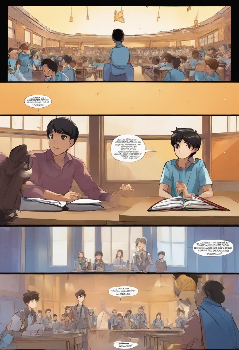 (1st panel), camera at school's bell tower, (2nd panel), teacher teaching on white board, (3rd panel), an anime boy with black hair and blue eyes sitting on table, resting his hin on his hands, (4th panel), The same boy from 3rd panel but now shocked