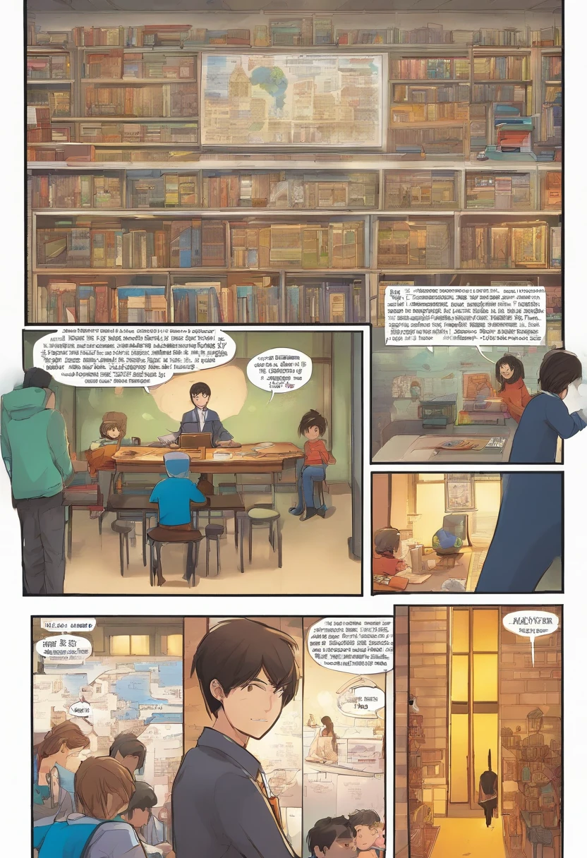 (1st panel), camera at school's bell tower, (2nd panel), teacher teaching on white board, (3rd panel), an anime boy with black hair and blue eyes sitting on table, resting his hin on his hands, (4th panel), The same boy from 3rd panel but now shocked