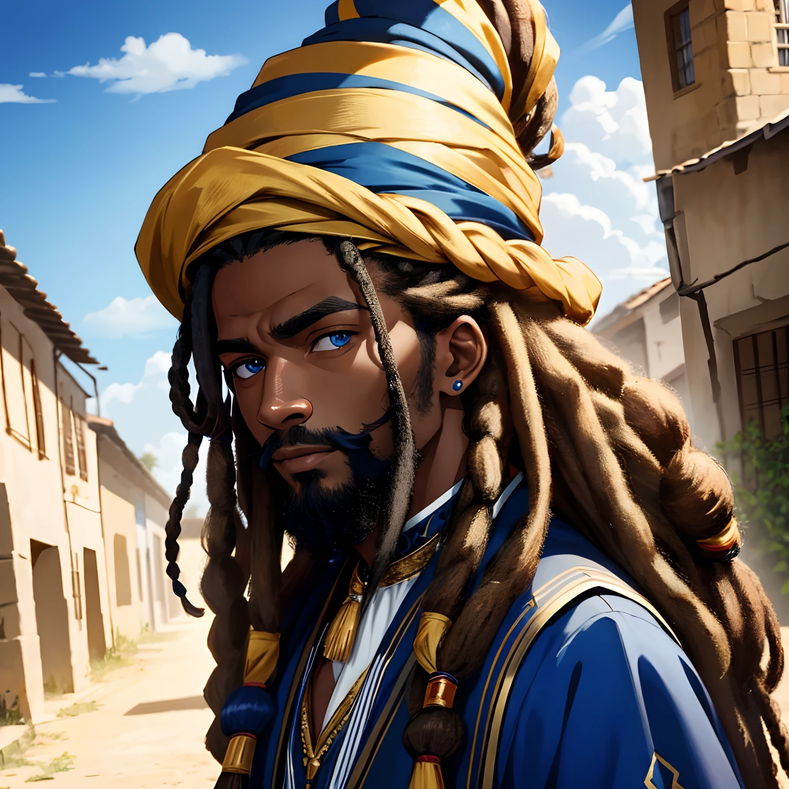 Portrait, head to waist shot,(masterpiece), best quality, 8k, expressive blue eyes, perfect face, 1 dark skin male, rastafarian, dreadlocks, village in the background, wizard attire