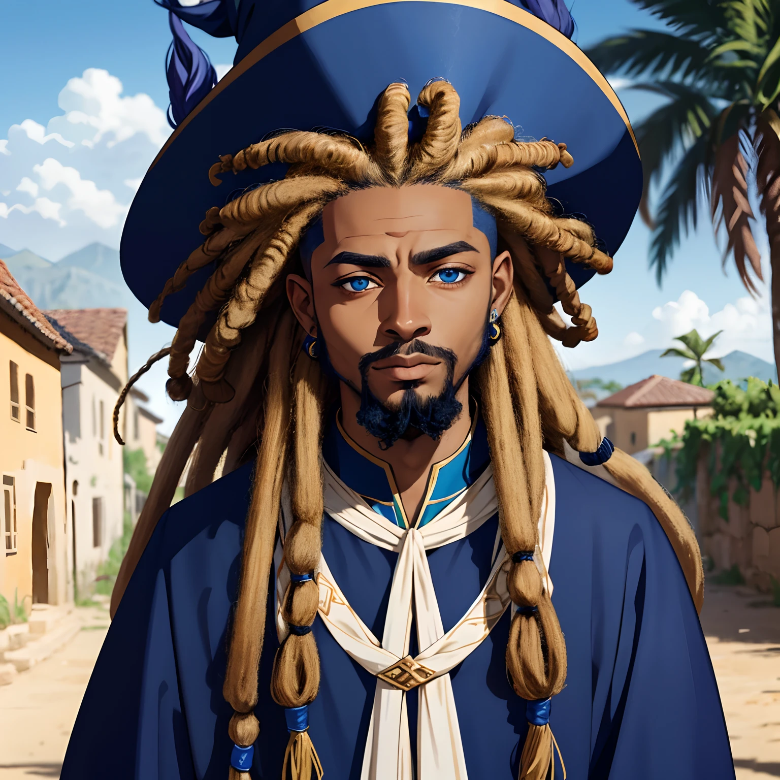 Portrait, head to waist shot,(masterpiece), best quality, 8k, expressive blue eyes, perfect face, 1 dark skin male, rastafarian, dreadlocks, village in the background, wizard attire