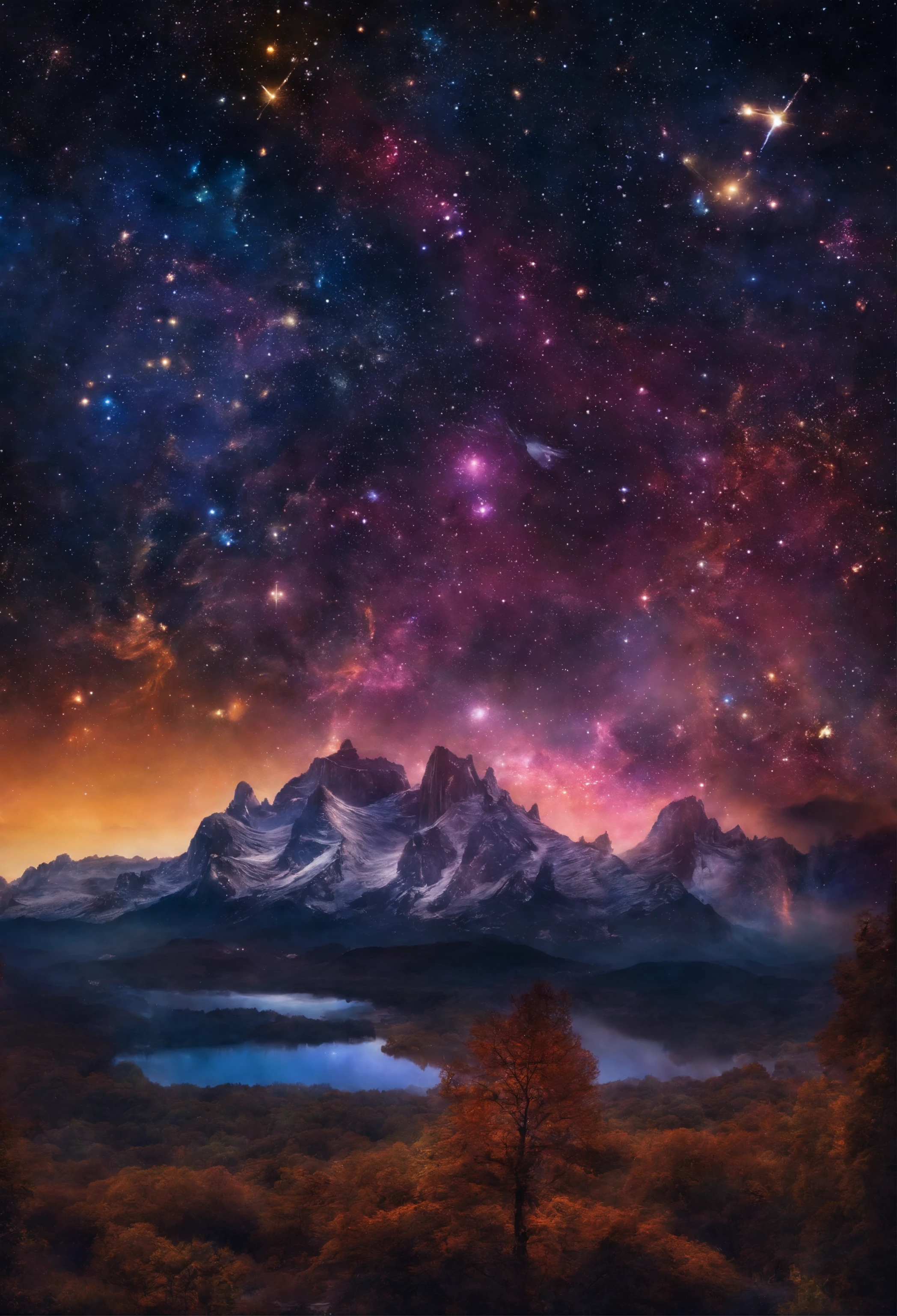 El cielo nocturno debe estar lleno de constelaciones brillantes, generando un ambiente oscuro y misterioso, cielo lleno de estrellas luminosas.