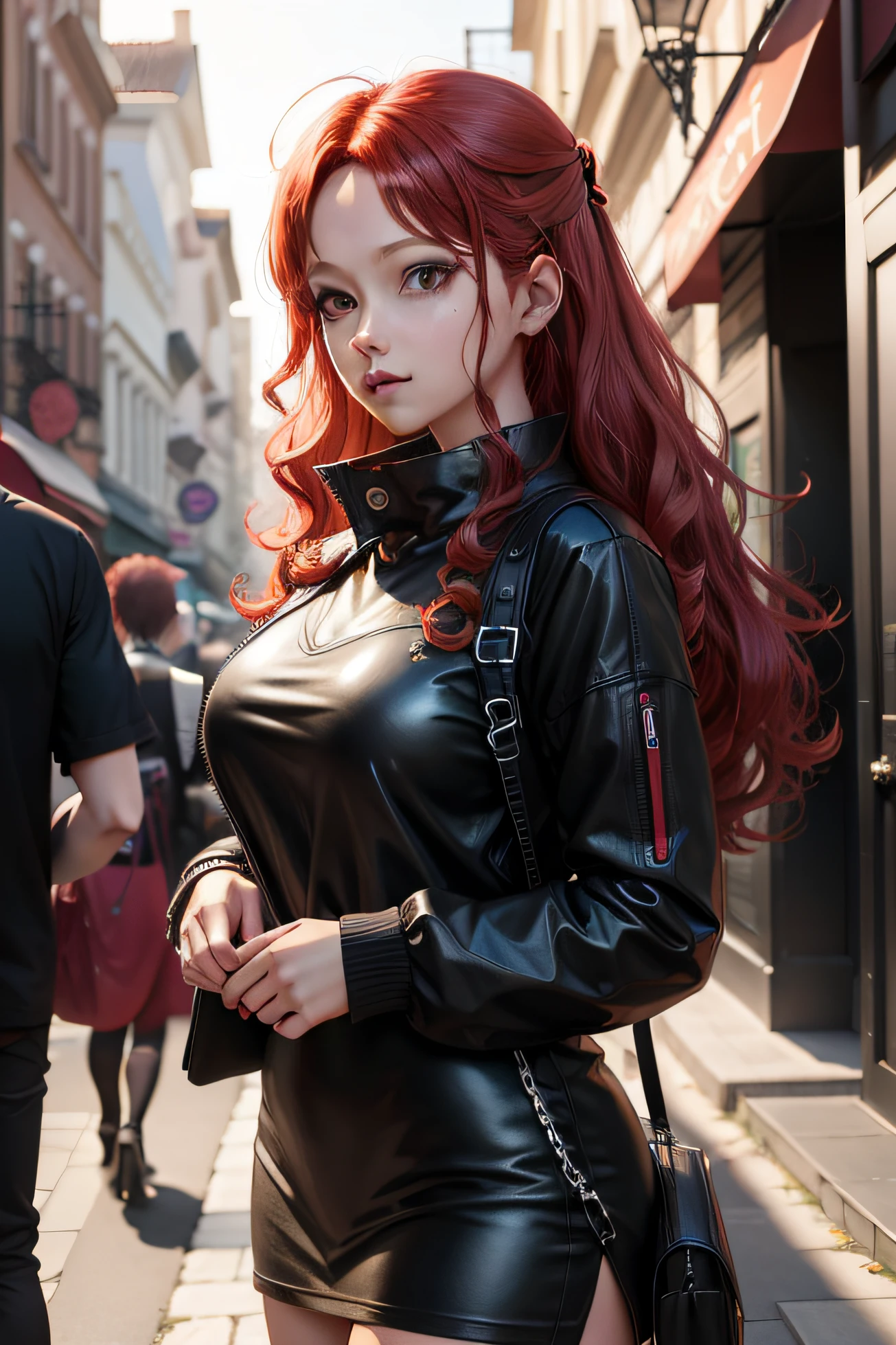 There is a woman with curly red hair and black clothes, photorealistic anime girl rendering, Estilo anime 3D realista, anime fotorrealista, menina anime sedutora, anime hiper realista, 3 d anime realista, Arte no estilo de Guweiz, Trend in CGTacing:, arte de anime realista, anime realista, estilo realismo anime