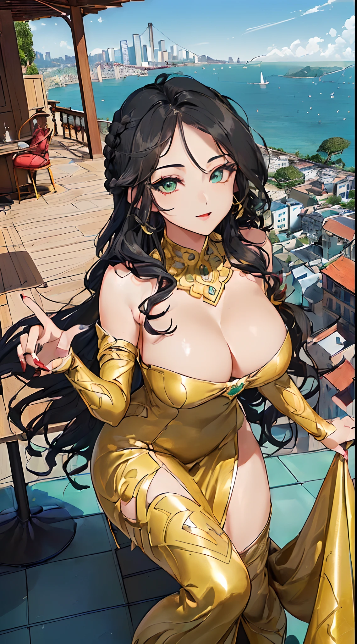 ((((((ung woman))), 独奏, the anime, ( Green eyes,), (black hair), (((morena))), Nice face, ssmile, the perfect body, Wavy Hair, hairlong, , big breastes, clearly drawn face , Bright make-up, red-lips, Fingernails are painted, expressive eyes, ((tmasterpiece, beste-Qualit)), illustartion, ультра детализированная 8k, Photorealistic, sharp-focus, higly detailed, Professional lighting, designer open evening dress long, sparkly, Like flowers, So it is with patterns, High-heeledshoes, Rooftop restaurant with views of the city and the bay, The hair is tucked into the hairstyle at the top of the head