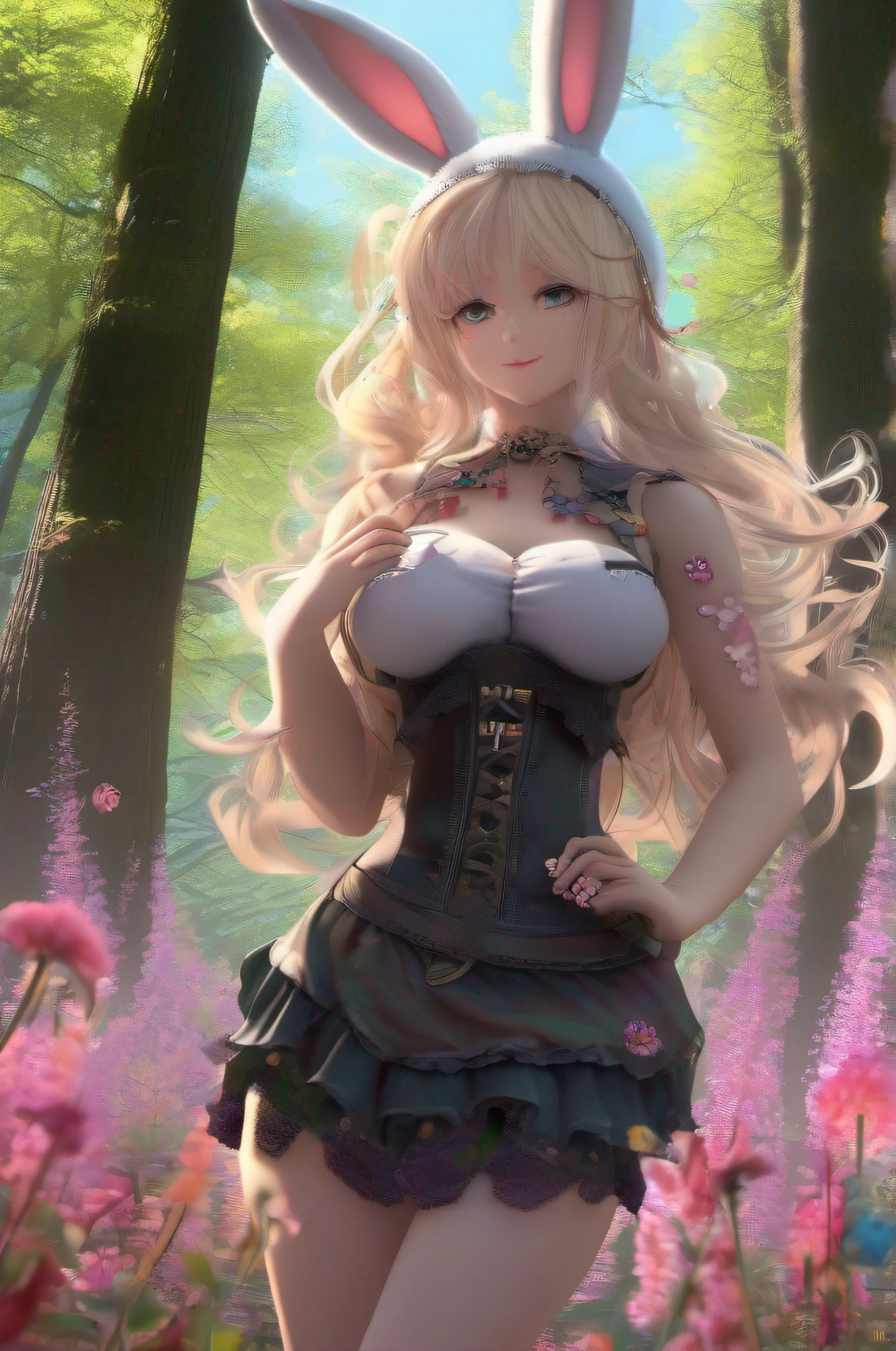 (masterpiece), best quality, expressive eyes, perfect face((Bunny Girl)), (sun dress), cozy, warm light, Forest, Trees, grass, flowers, morning, Rabbit Ears, Tall, skinny, sitting, frog pose, thigh highs, happy, expressive eyes , best quality, 4k, HD quality, amazing quality, masterpiece, pretty face, Blonde hair, messy hair, cute, ecchi wearing dark hoodie and clothes, post-apocalyptic environment, floating skulls, ((1 girl, 1 beast)), ("large breasts, cleavage, saggy breasts 1.5"), "large hips", chains, jewelry, gems, low angle, freckles, extreme quality, cg, detailed face+eyes, woodlands background, forest, outside, corset, skirt, thick, big but, plus sized, plus size, (plants:1.18), (fractal art), (bright colors), colors mashing, bust, paint splatter, complimentary colors, neon, compassionate, holding breasts, legs spread, doing the splits, vagina