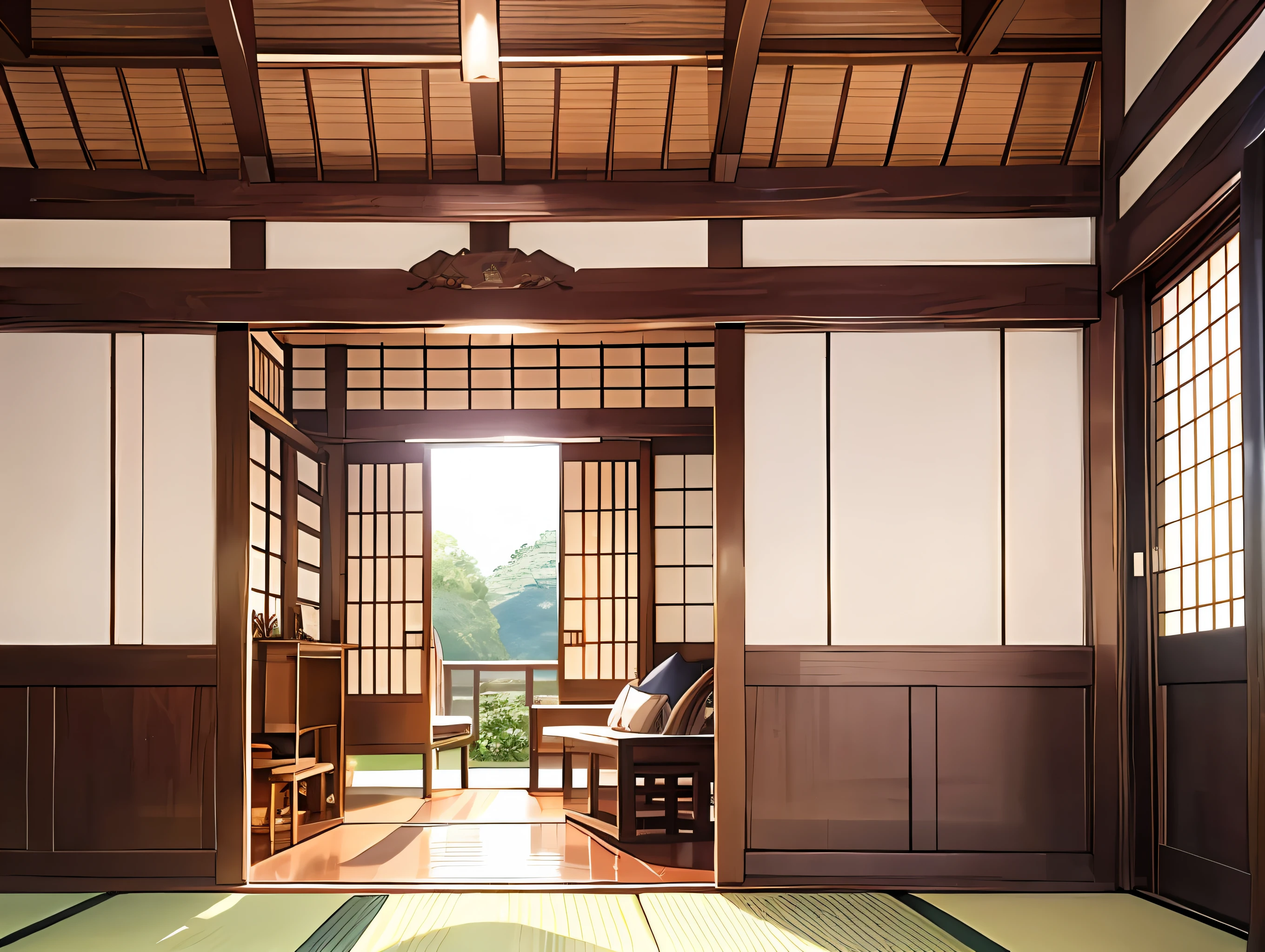 (masterpiece, top quality), anime, 1 woman, luxury Japanese-style room, apron, smile, clothesline, drying sheets outside,