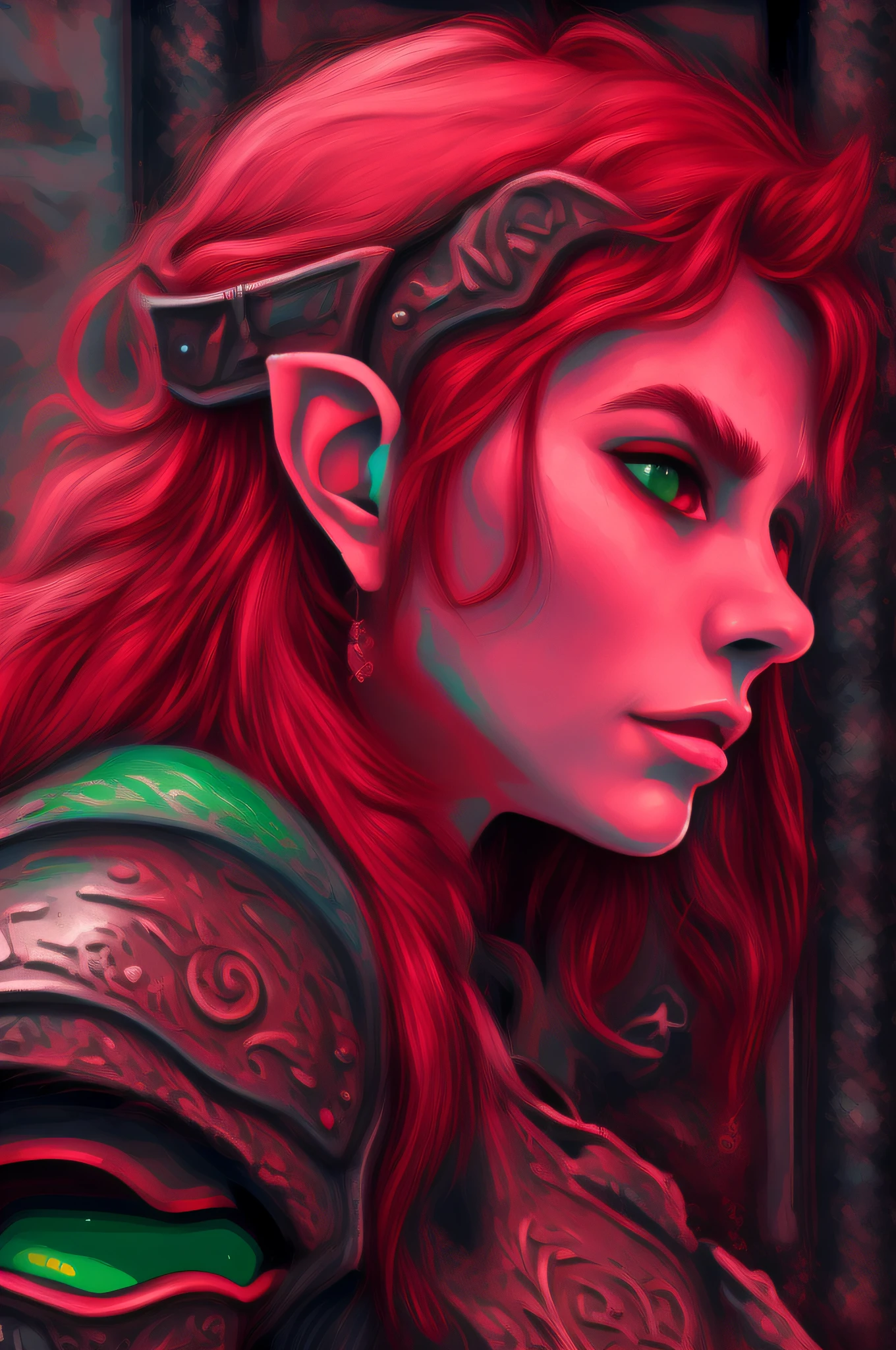 nqartst style pixel art picture of a scene from Baldurs Gate, a portrait of a female elf cleric, red hair, green eyes, extremelley beautiful, ultra feminine, wearing heavy armor, GlowingRunes_paleblue from armor, ultra best realistic pictures , best details, best quality, 16k, [ultra detailed], masterpiece, best quality, (extremely detailed), ultra wide shot, photorealism, depth of field, hyper realistic painting