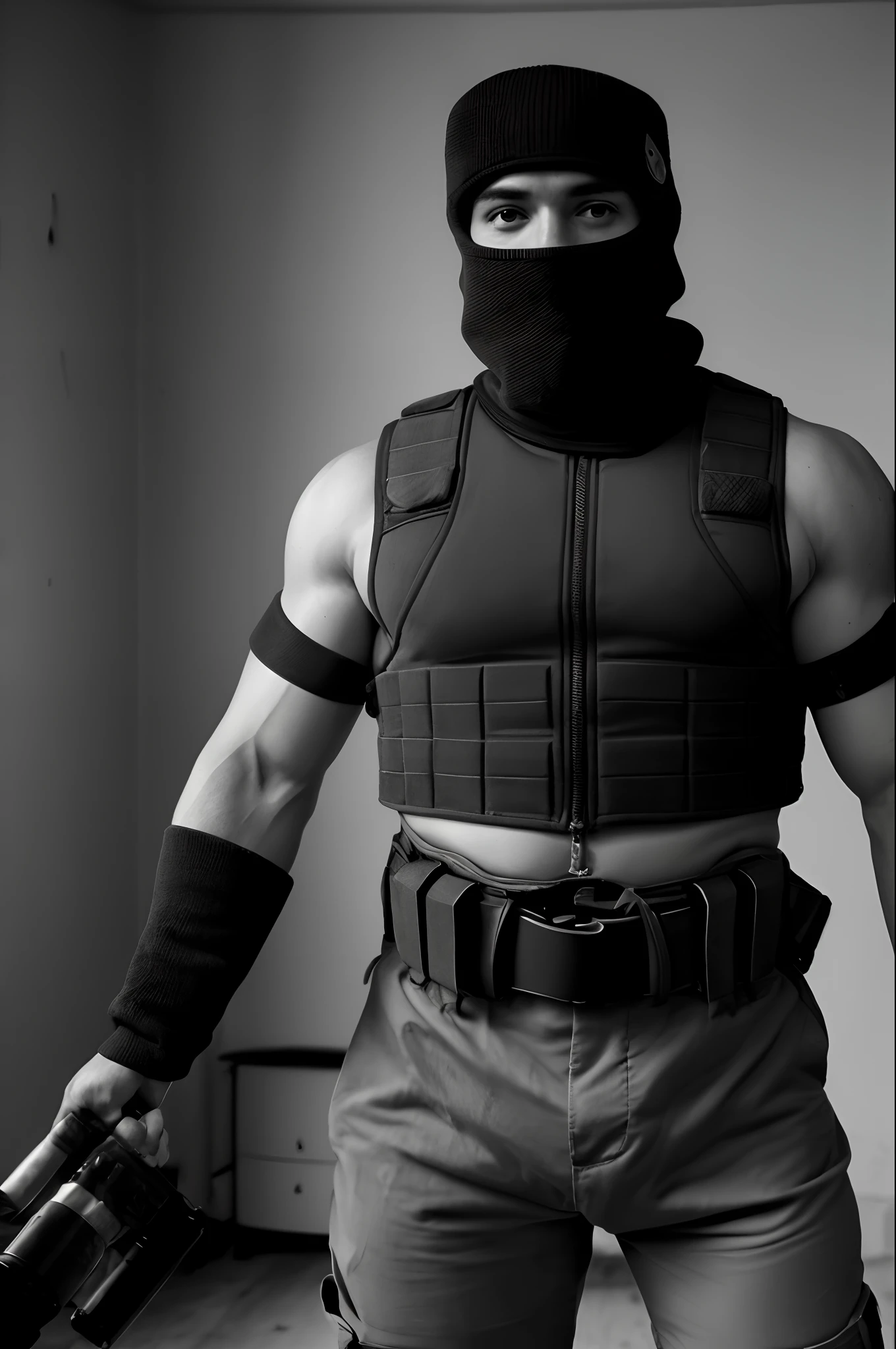 Homem fardado de balaclava e equipamentos militares forte e musculoso, cinematic a black and white image