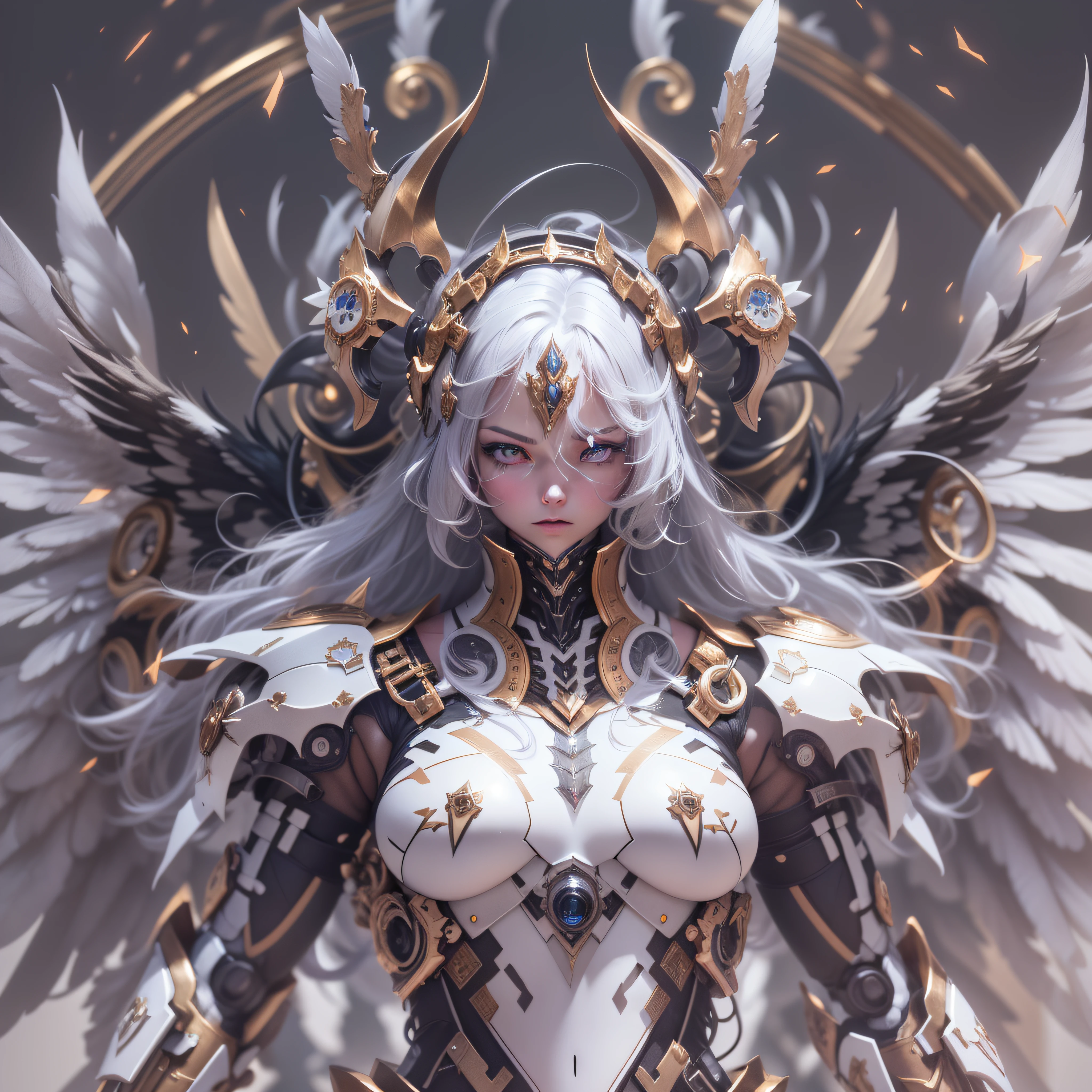 (Full body shot:1.4),(Wide Angle Shot), (Intricate details:1.4), (Masterpiece) , ((Anime Robot, Beautiful White Skin Golem, Angel, 1boy, Magic)), (Perfect Aesthetic Eyes:1.3) , (Detailed Eyes) , (Halo) , (Elden ring:1.4), (Wings:1.3), Glowing, Twintails Hair, Multicolored Hair, (Anatomically Correct Body:1.4) , Angry, (Perfect Face), Saenyo Ancalagon Majestic Guardian Knight | Ultra Detailed Robotic Armor | Cinematic Lighting | Intricate filigree metal design | 16k | Unreal Engine 5 | Octane Render | 3d, (anatomically correct :1.4), (Ultra Detailed, Fantasy Background, Blush, Solo, Fightning Stance), (magic circle:1.3), Lightning Effect, (Ray Tracing), Show Your Ability A.I., (Glowing Eyes) , (Particles Glowing) , 16k Wallpaper, Robot Female, Trending on Pintrest, By Nimox AI, UHD