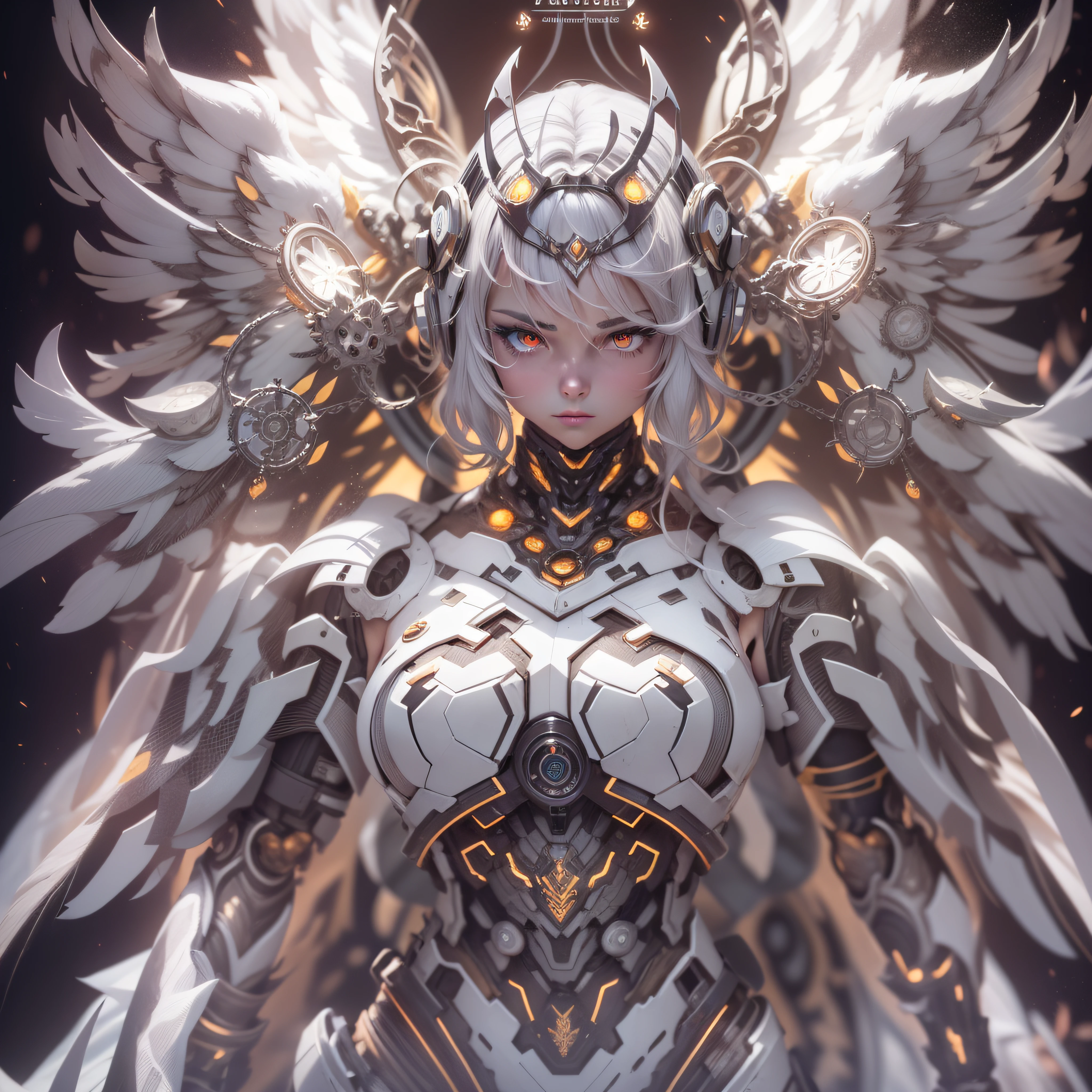 Female black and yellow mech sculpture,The mech is rich in detail,Mechanical skin texture,Silver robot wing detail,Silver lightning ball,holding knives,Explosive effect,Looking Up The Sky