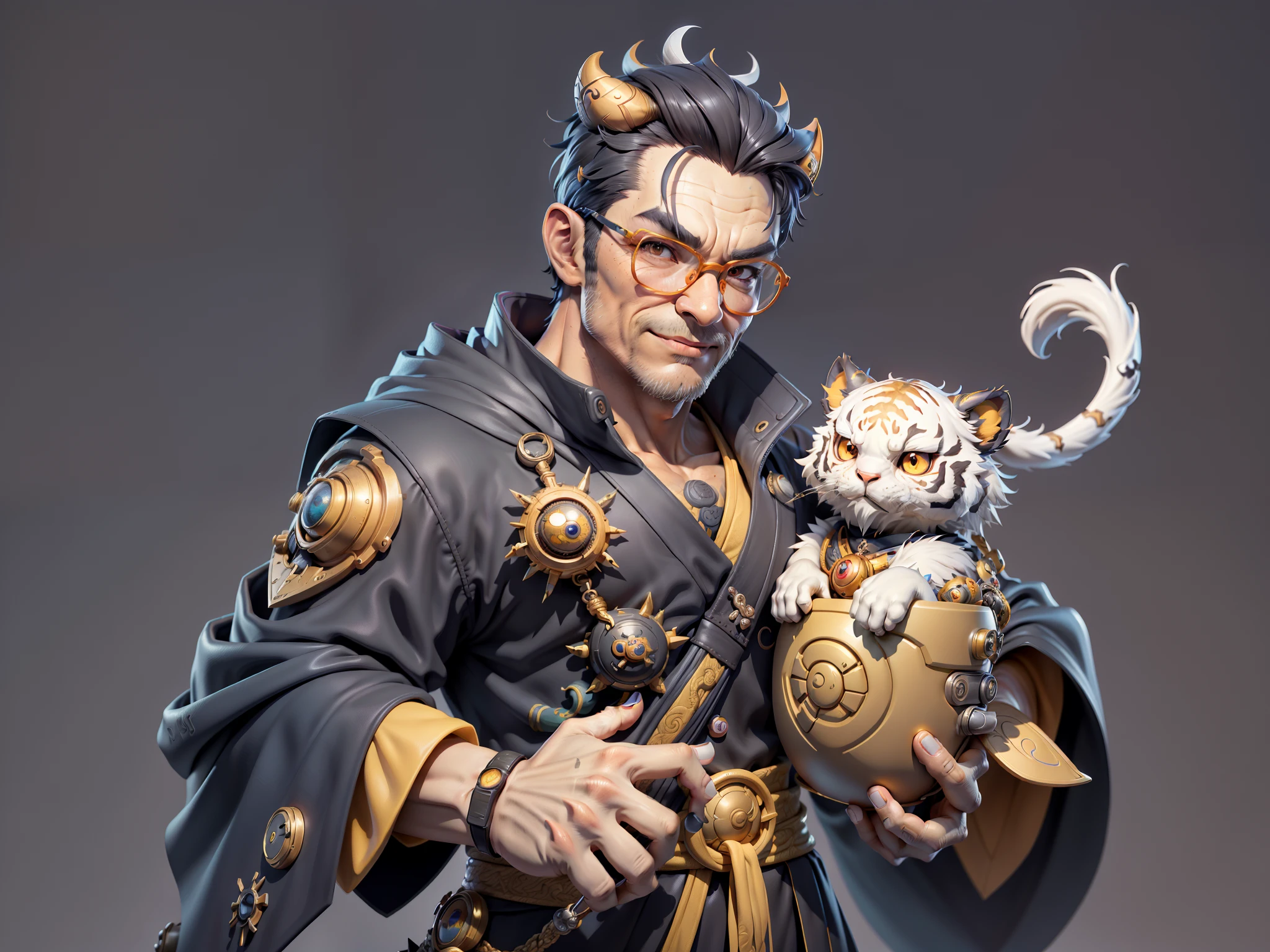 (Masterpiece), (Excellent), (Super Meticulous), (Full Body: 1.2), Super Young Man with Japanese Female Geisha, Pretty, Beautiful, Chinese Dragon, Tiger, Wind God Thor, Sexy, Bursting, Oriental Face, TV Anchor, Bust Portrait Illustration, Black Suit, Blue Tie, Slightly Chubby Face, Silver Glasses, Very Clean Face, No Beard on Chin, Black Super Short Hair, Black Eyes, Confident Smile, 3c Computer Sub-Products, iPad, iPhone, Digital Painting, 3D character design by Mark Clairedon and Pixar and Hayao Miyazaki and Akira Toriyama, the illustrations are HD illustrations in 4K resolution with highly detailed facial features and cartoon-style visuals.