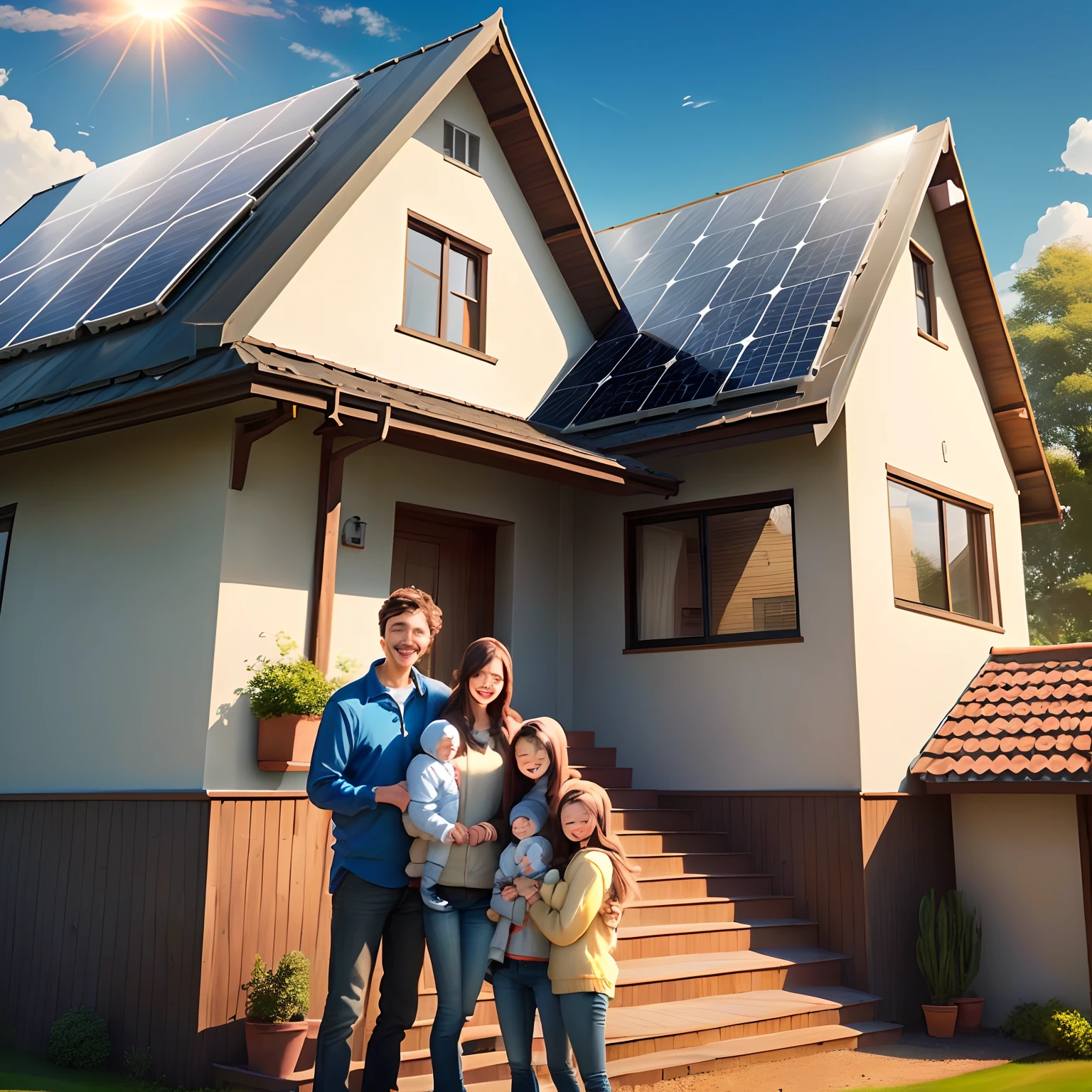 create an image with a happy family with a house that has solar panels on the roof of the house on a day with a blue sky and a bright sun. emphasize the roof with the solar panels